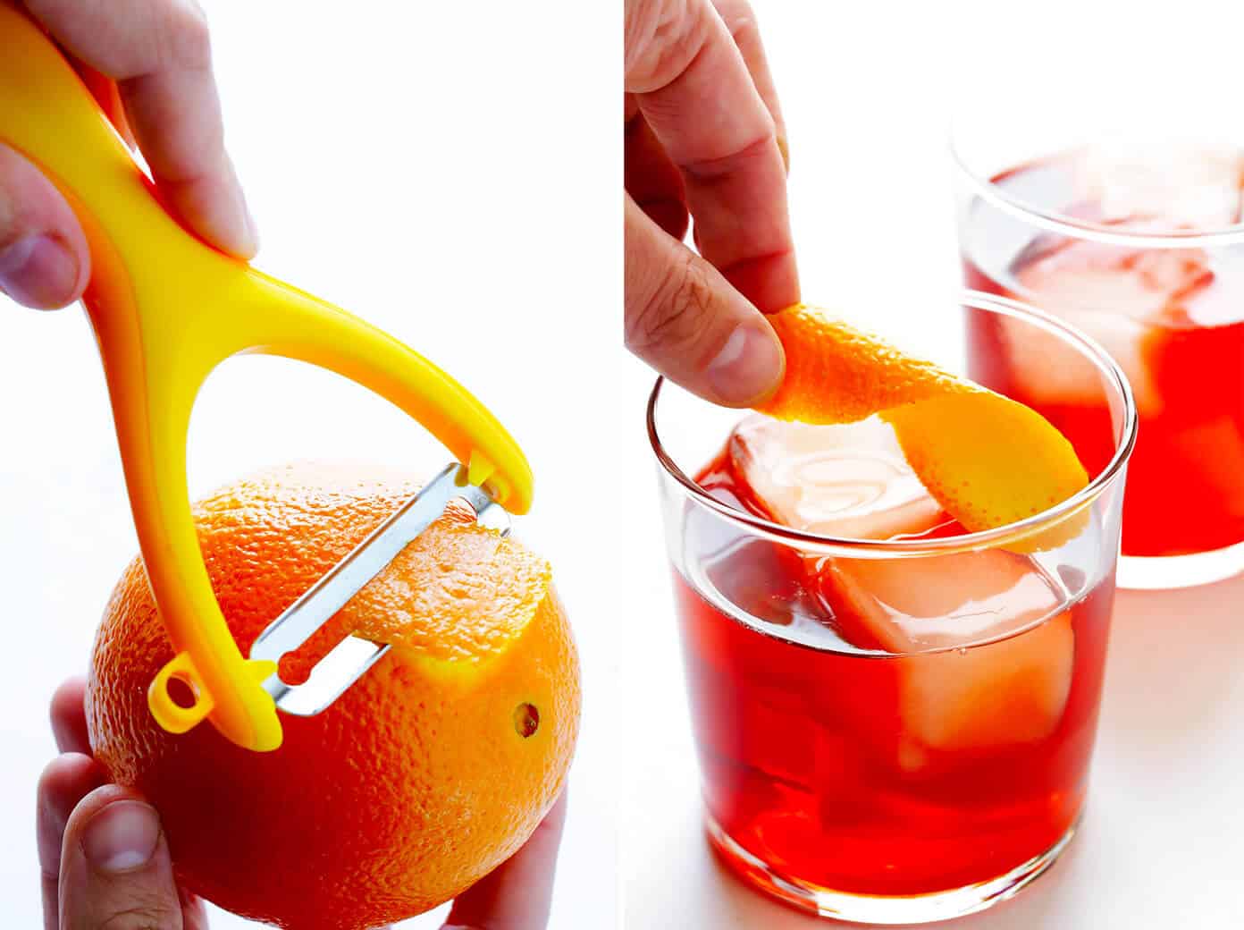 This classic negroni cocktail recipe is easy to make with three simple ingredients -- Campari, gin and sweet vermouth. It's the perfect cocktail for summer, Valentine's, 4th of July, or Christmas, and it's refreshingly not too sweet. | Gimme Some Oven #negroni #cocktail #gin #campari #vermouth #summer How to make an orange peel for a negroni cocktail
