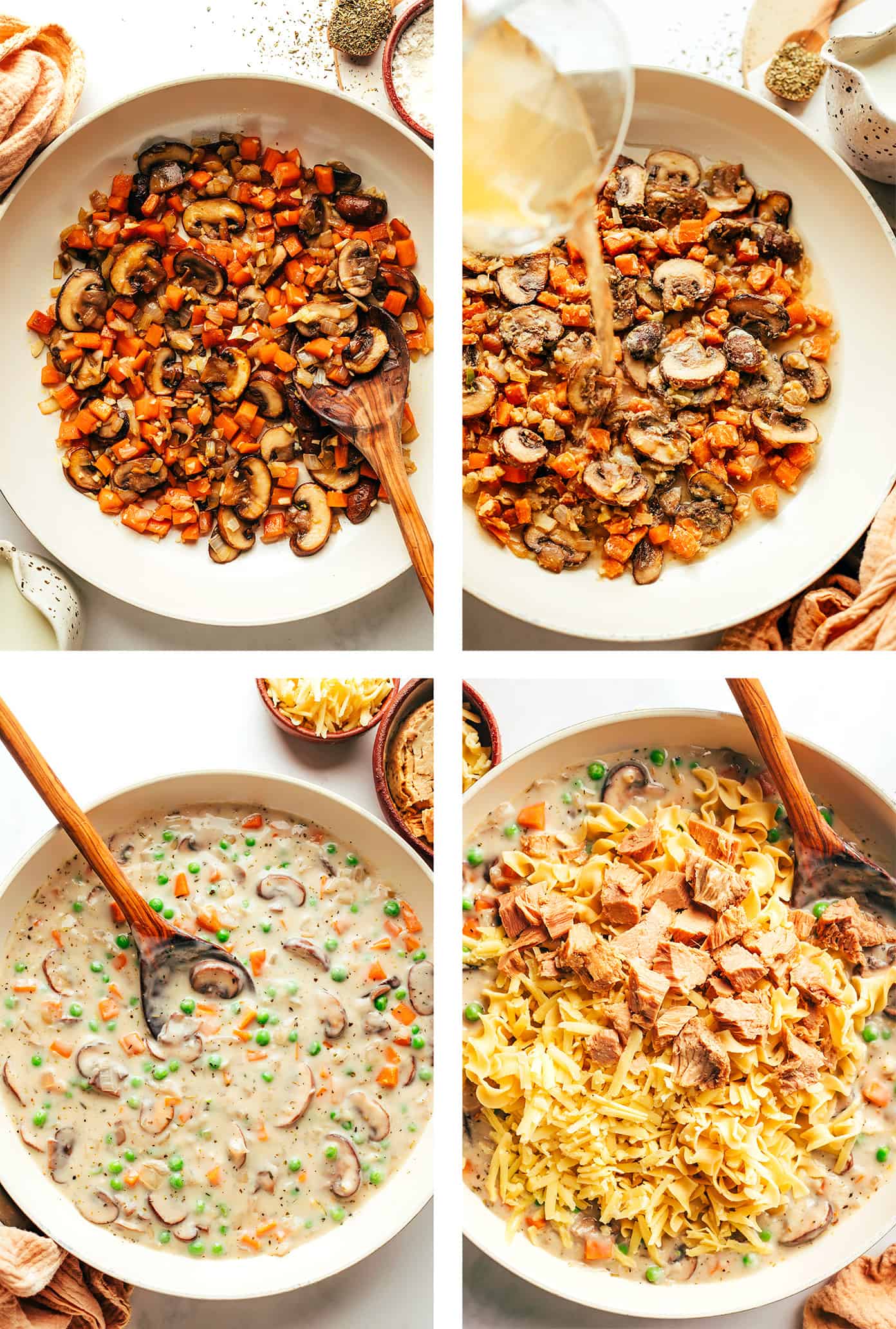 This lightened-up tuna casserole recipe is tossed with a creamy cheddar garlic-herb sauce, lots of veggies, tender egg noodles and a crispy Panko topping. A simple and delicious weeknight dinner recipe that's ready to go in just 40 minutes. | gimmesomeoven.com Step by step photos showing how to make tuna casserole