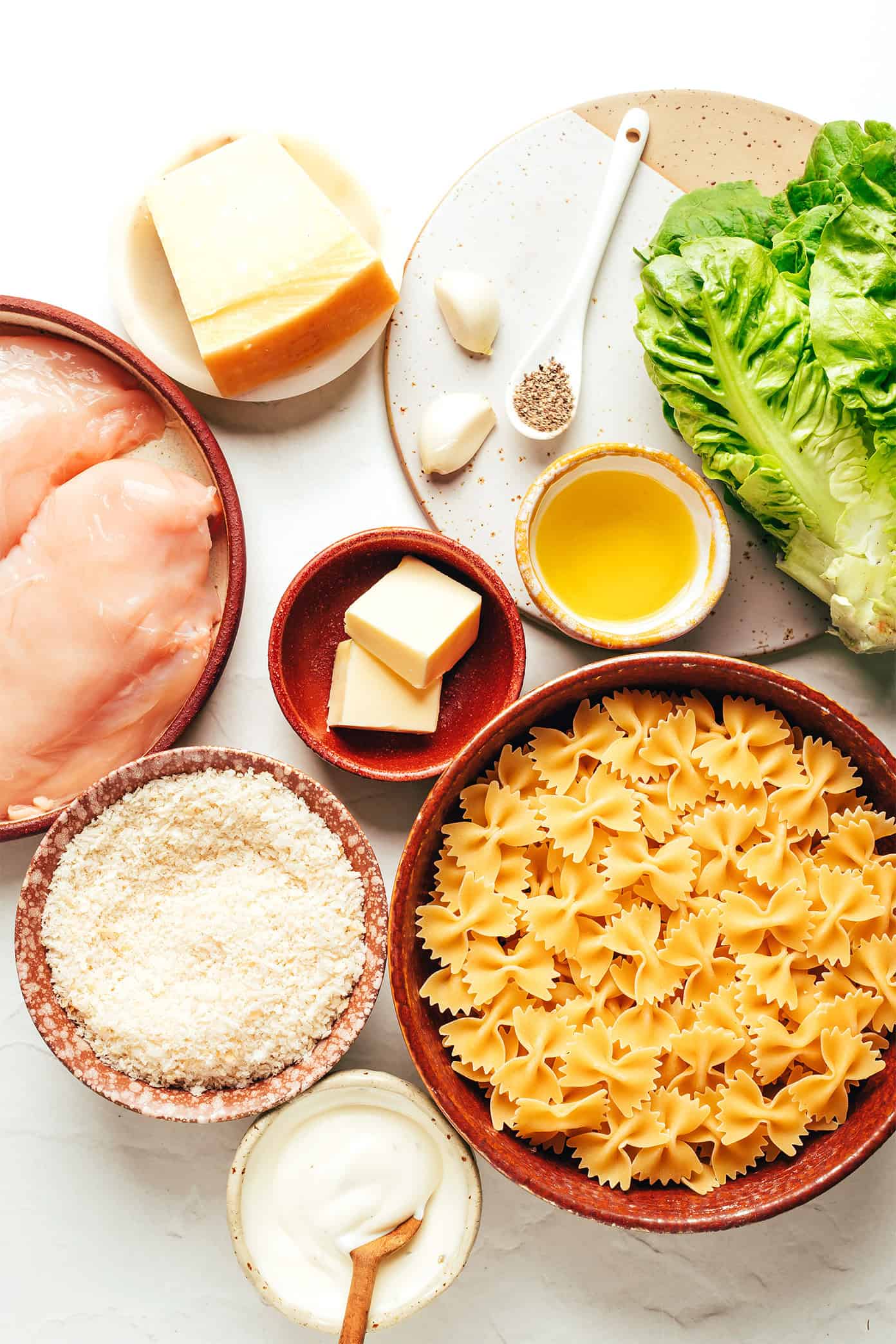 This Chicken Caesar Pasta Salad recipe is tossed with my favorite Caesar dressing, lots of Parmesan cheese, and the yummiest garlicky breadcrumbs. Feel free to use a different protein (such as salmon, shrimp, Italian sausage, bacon or roasted chickpeas) for the chicken if you prefer! | gimmesomeoven.com Chicken caesar pasta salad ingredients