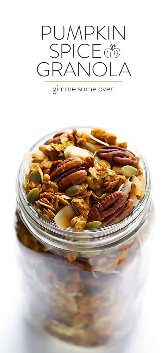 Pumpkin Spice Granola Recipe -- easy to make, sweetened with maple syrup, and wonderfully delicious | gimmesomeoven.com