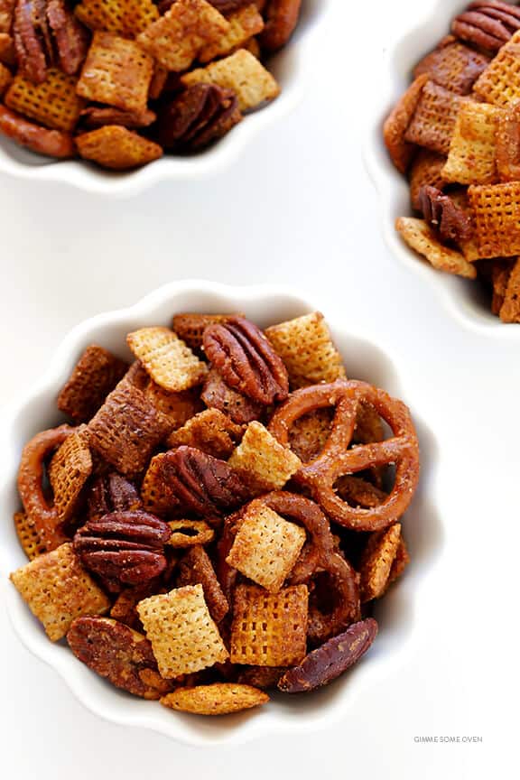 Candied Pecan Chex Mix -- traditional party mix tossed with pecans and a candied coating. So easy to make, and SO GOOD! | gimmesomeoven.com