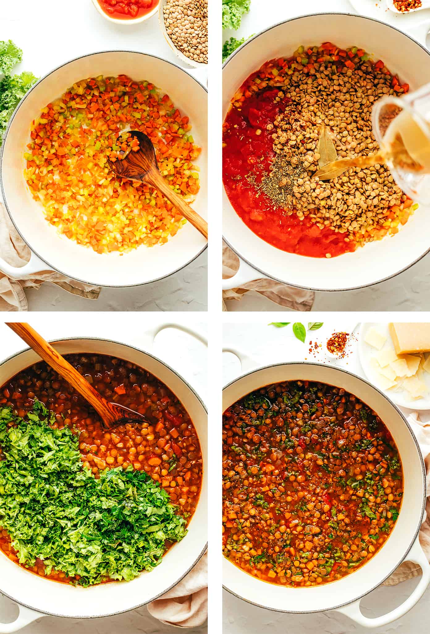 This Italian-inspired lentil soup recipe is made with a simple mix of veggies, lentils, greens and simmered in a tomato-herb broth and served with a garnish of basil and Parmesan. A simple vegetarian and gluten-free dinner recipe that's always so comforting and delicious! | gimmesomeoven.com Step by step photo tutorial showing how to make lentil soup