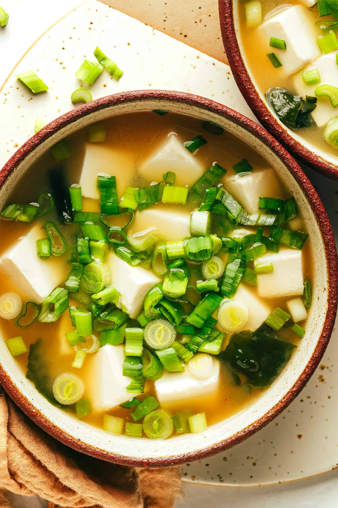Homemade miso soup with tofu and scallions