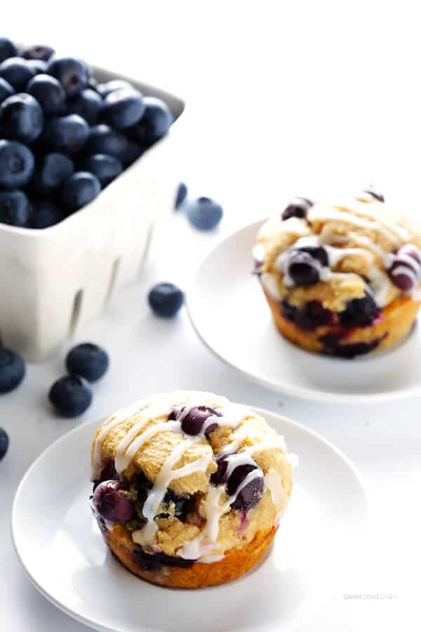 Healthier Blueberry Muffins -- made with white whole wheat flour, naturally sweetened, and SO fluffy and buttery and delicious! | gimmesomeoven.com