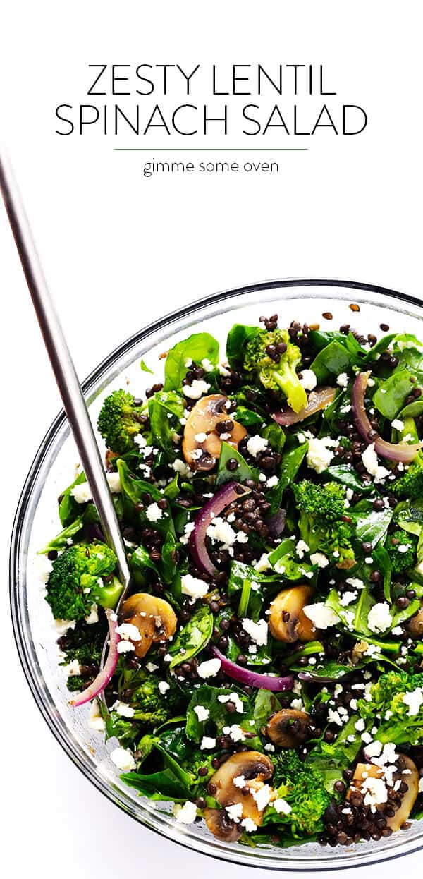 This Zesty Lentil Spinach Salad recipe is ready to go in about 30 minutes, made with hearty lentils, sauteed veggies, lots of fresh spinach, and a tangy lemon dressing. It's SO delicious, and also makes great leftovers! | gimmesomeoven.com (Vegetarian / Gluten-Free)