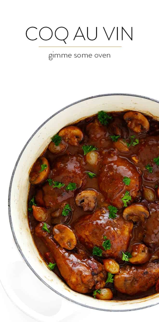 This classic Coq Au Vin recipe is surprisingly easy to make, and slow simmered in the most delicious French red wine sauce. | gimmesomeoven.com