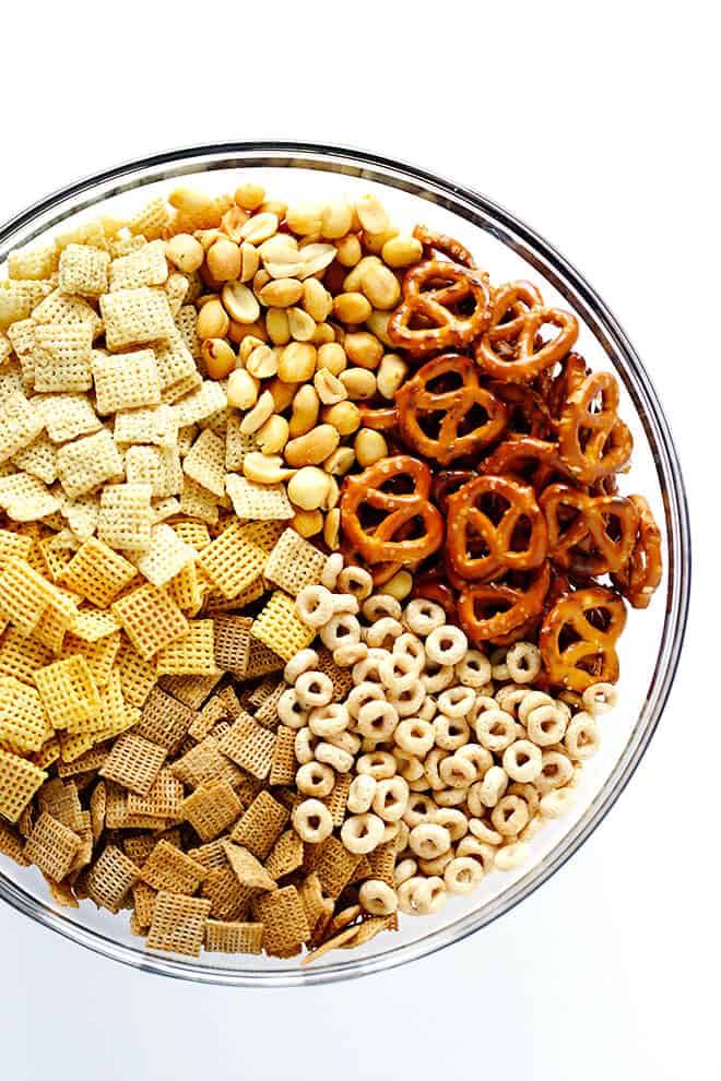 This Extra-Bold Chex Mix recipe is a great snack or party appetizer, and irresistibly delicious! | gimmesomeoven.com #chexmix #snack #appetizer #cereal Chex Mix Ingredients