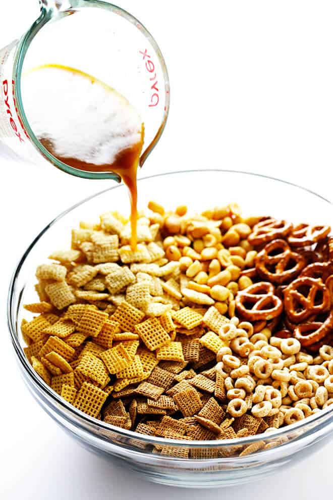 This Extra-Bold Chex Mix recipe is a great snack or party appetizer, and irresistibly delicious! | gimmesomeoven.com #chexmix #snack #appetizer #cereal How To Make Chex Mix