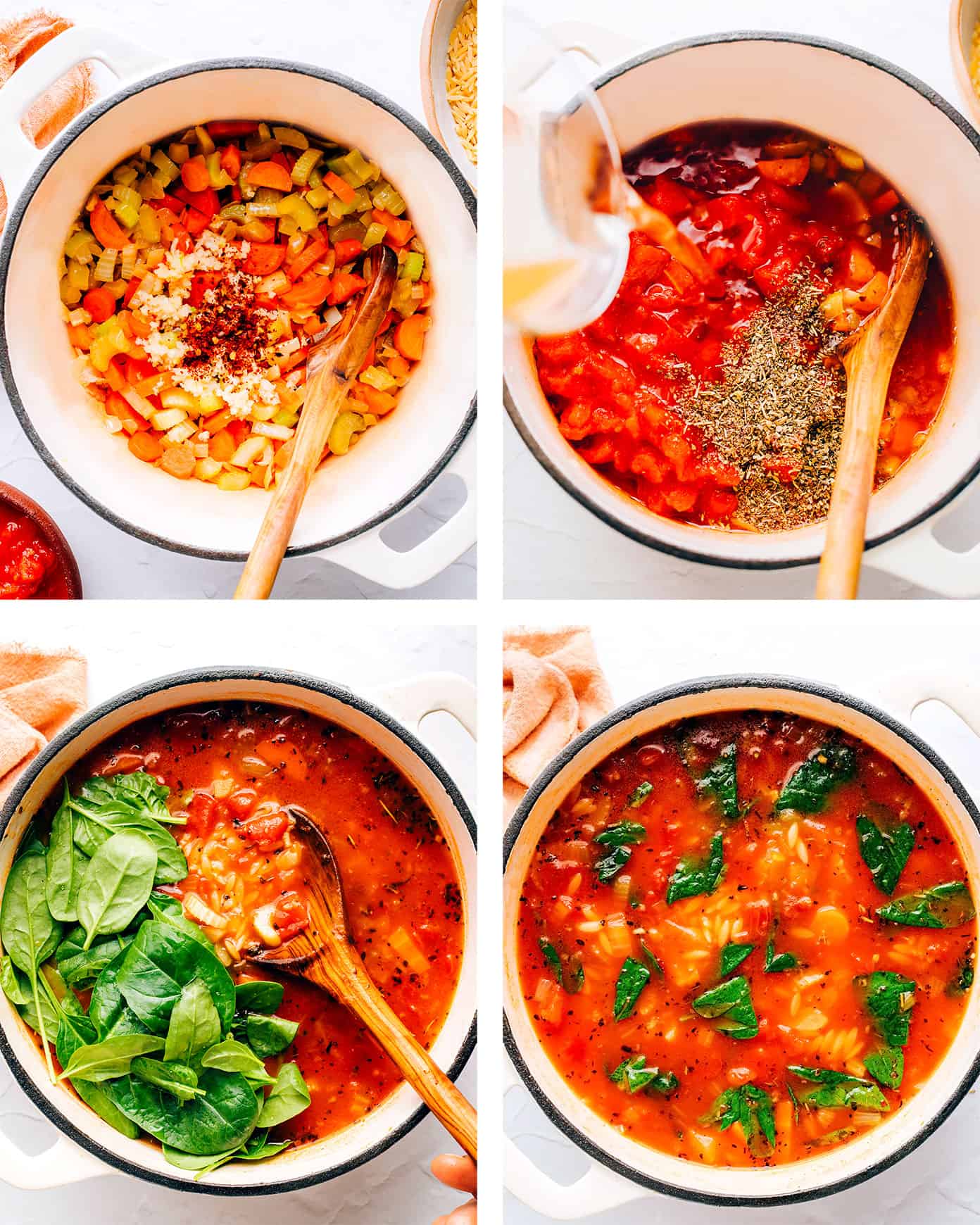 This Italian Orzo Spinach Soup is simmered with hearty pasta, veggies, greens in a zesty tomato-herb broth, then served warm with lots of Parmesan and fresh basil. It's one of our favorite vegetarian 30 minute meals, but feel free to add in sausage or chicken too if you'd like! | gimmesomeoven.com Step by step instructions for how to make orzo soup