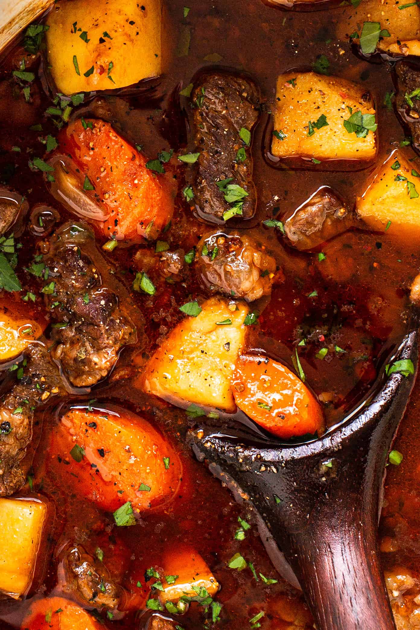 This Guinness Beef Stew recipe is full of tender beef, hearty potatoes, carrots and onions, and a richly-seasoned tomato stout gravy. It's easy to make and the perfect comfort food for St. Patrick's Day or anytime you're craving this Irish-inspired soup. Stovetop, Instant Pot and Crock-Pot options included. | gimmesomeoven.com Guinness Beef Stew Closeup