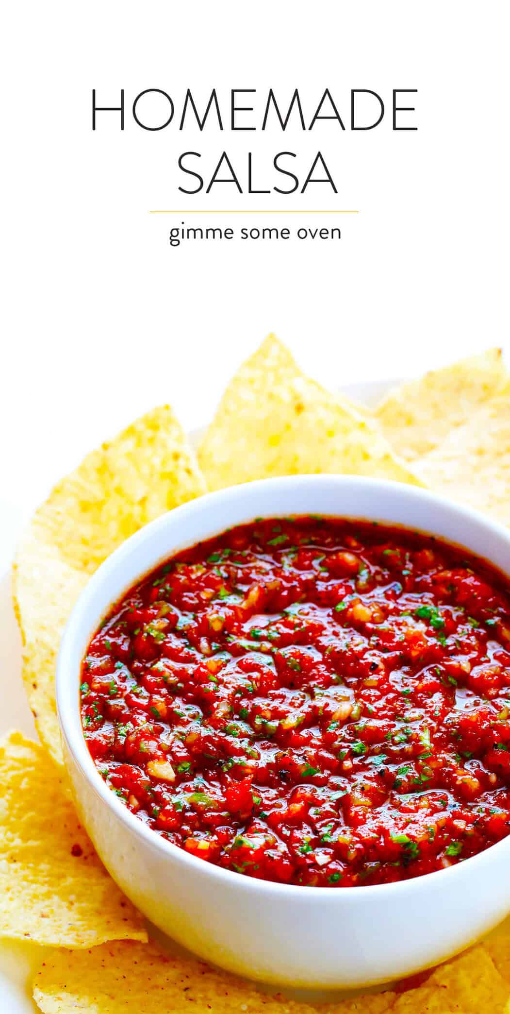 My all-time favorite homemade salsa recipe!! It's quick and easy to make in a food processor or blender, it's easy to make spicy or mild, and it is SO flavorful and delicious! | Gimme Some Oven #mexican #salsa #appetizer #dip #easyrecipes The BEST homemade salsa recipe