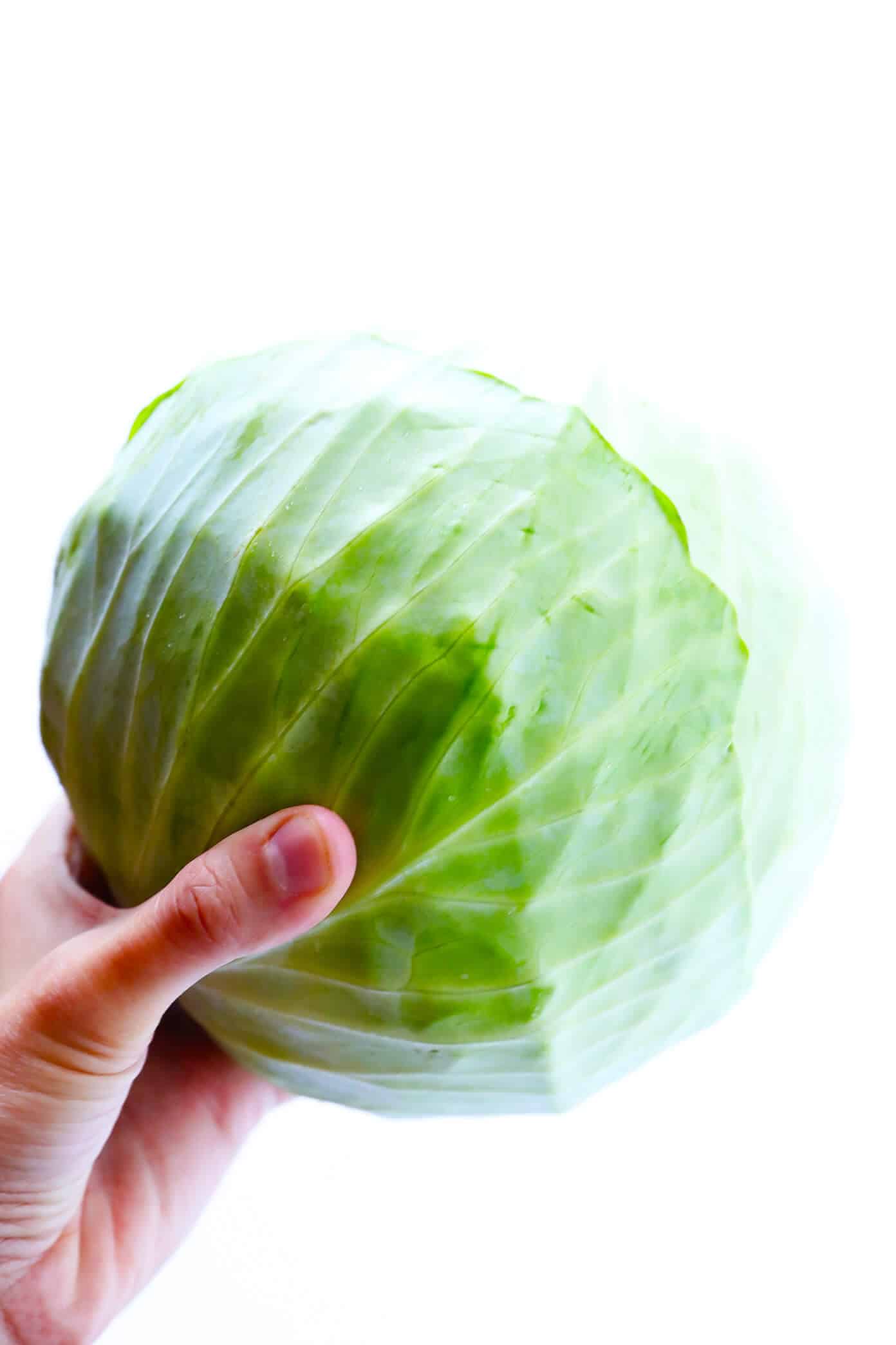 This Spicy Vegetarian Cabbage Soup recipe is made from a mountain of vegetables, simmered in a spicy broth, and tastes like total comfort food. It's also naturally gluten-free and vegan. It's easy to make on the stovetop, or in the Instant Pot (pressure cooker) or Crockpot (slow cooker). It's easy to make ahead for meal prep, or freeze as a freezer meal. And it's SO DELICIOUS. | Gimme Some Oven #cabbage #soup #healthy #dinner #vegan #vegetarian #vegetable #recipe #instantpot #crockpot Green Cabbage for Spicy Vegetarian Cabbage Soup