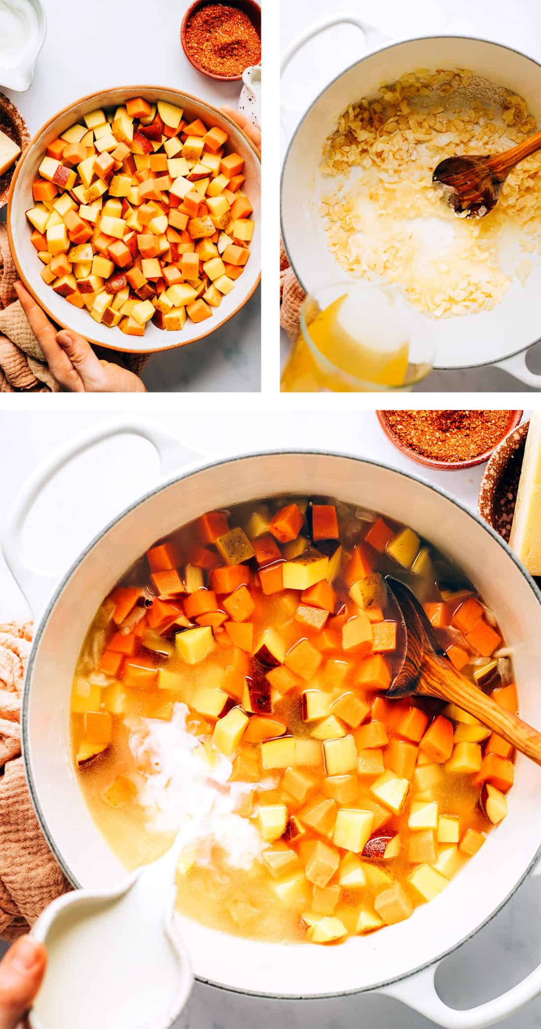 This Three Potato Soup is made with a zesty, creamy cheddar broth and a sweet and savory combination of Yukon gold potatoes, red potatoes, and sweet potatoes. Easy to make in about 30 minutes and always so delicious and comforting! Feel free to leave the soup vegetarian, or add in some bacon, ham, sausage or chicken if you prefer. (Gluten-free and vegan options included too.) | gimmesomeoven.com Step by step photos for how to make potato soup