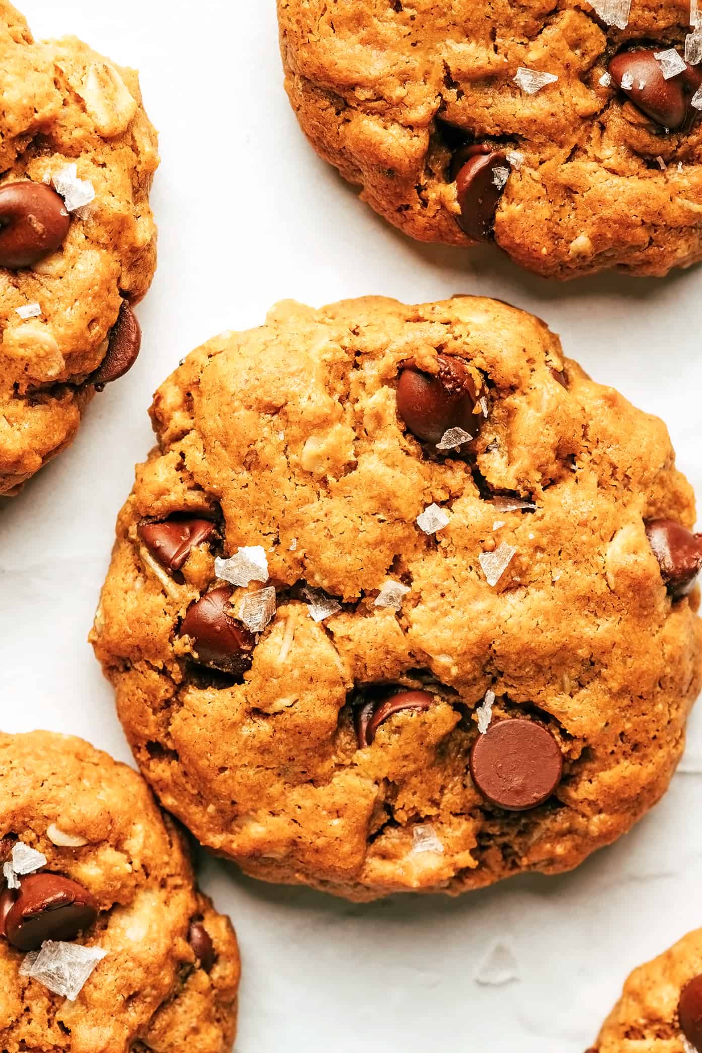 This healthy peanut butter cookies recipe is incredibly delicious and easy to make by hand in less than 30 minutes with just 7 ingredients. Feel free to add in some chocolate chips or nuts too! | gimmesomeoven.com (gluten-free) Healthy Peanut Butter Cookies with Chocolate Chips and Sea Salt Closeup