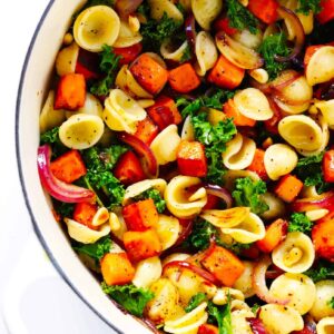 Pasta with Caramelized Sweet Potatoes, Kale and Parmesan (Vegetarian)