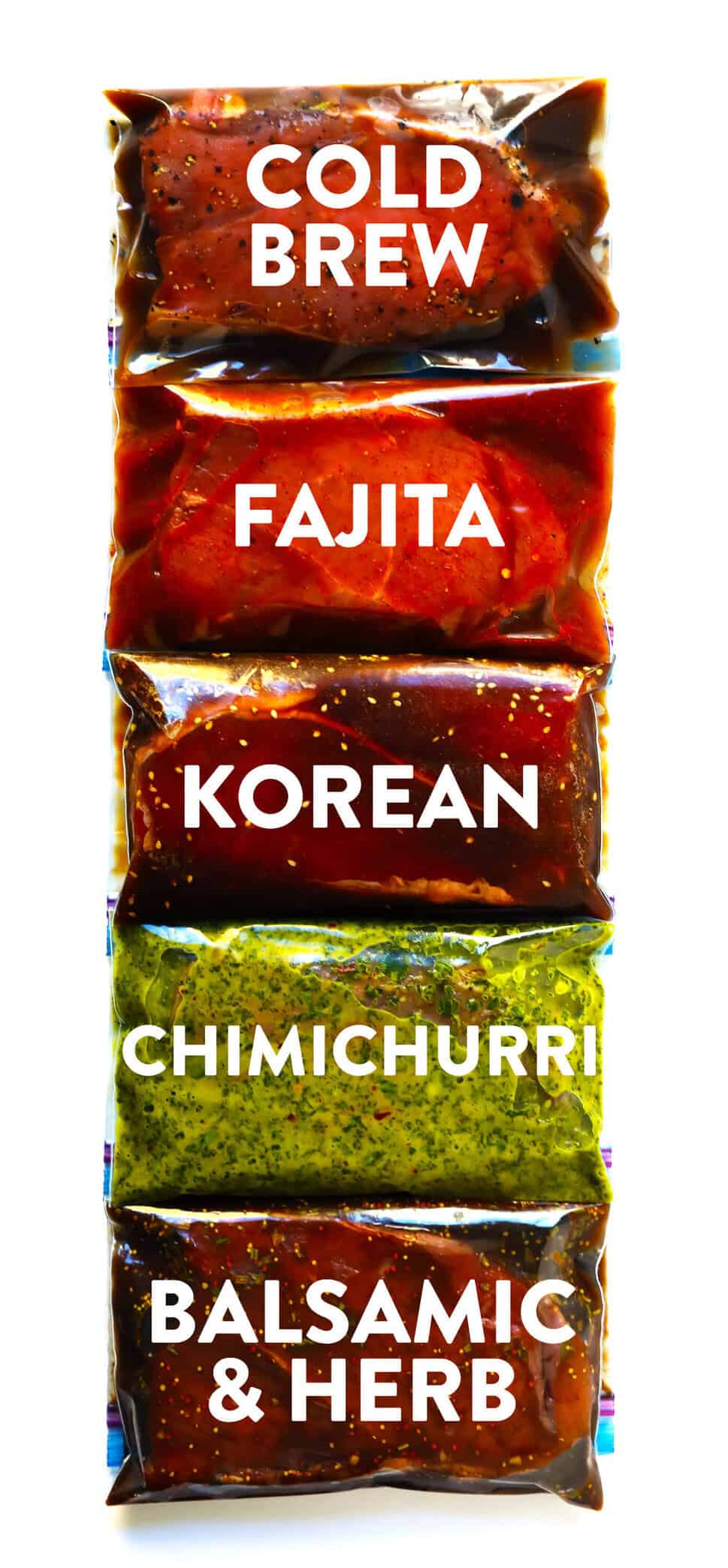 These 5 easy steak marinade recipes are simple to make, freezer-friendly, and totally dependable and delicious! Perfect for grilling, roasting, sautéing, slow cooking, meal prep, and more. Marinades include: Cold Brew Coffee, Fajita, Korean, Chimichurri and Balsamic Herb. | Gimme Some Oven #steakmarinade #steakrecipe #beefmarinades #howtocooksteak 5 Best Steak Marinade Recipes