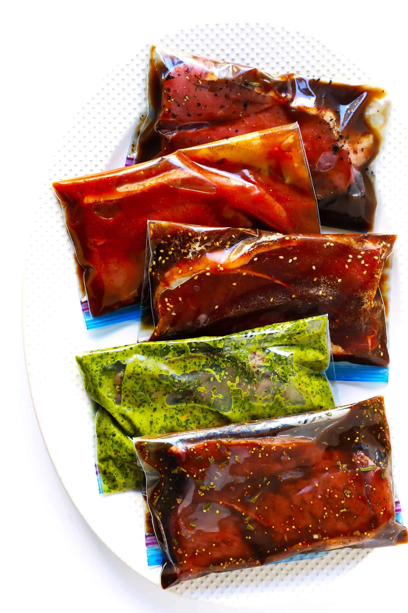 These 5 easy steak marinade recipes are simple to make, freezer-friendly, and totally dependable and delicious! Perfect for grilling, roasting, sautéing, slow cooking, meal prep, and more. Marinades include: Cold Brew Coffee, Fajita, Korean, Chimichurri and Balsamic Herb. | Gimme Some Oven #steakmarinade #steakrecipe #beefmarinades #howtocooksteak Marinade For Steak