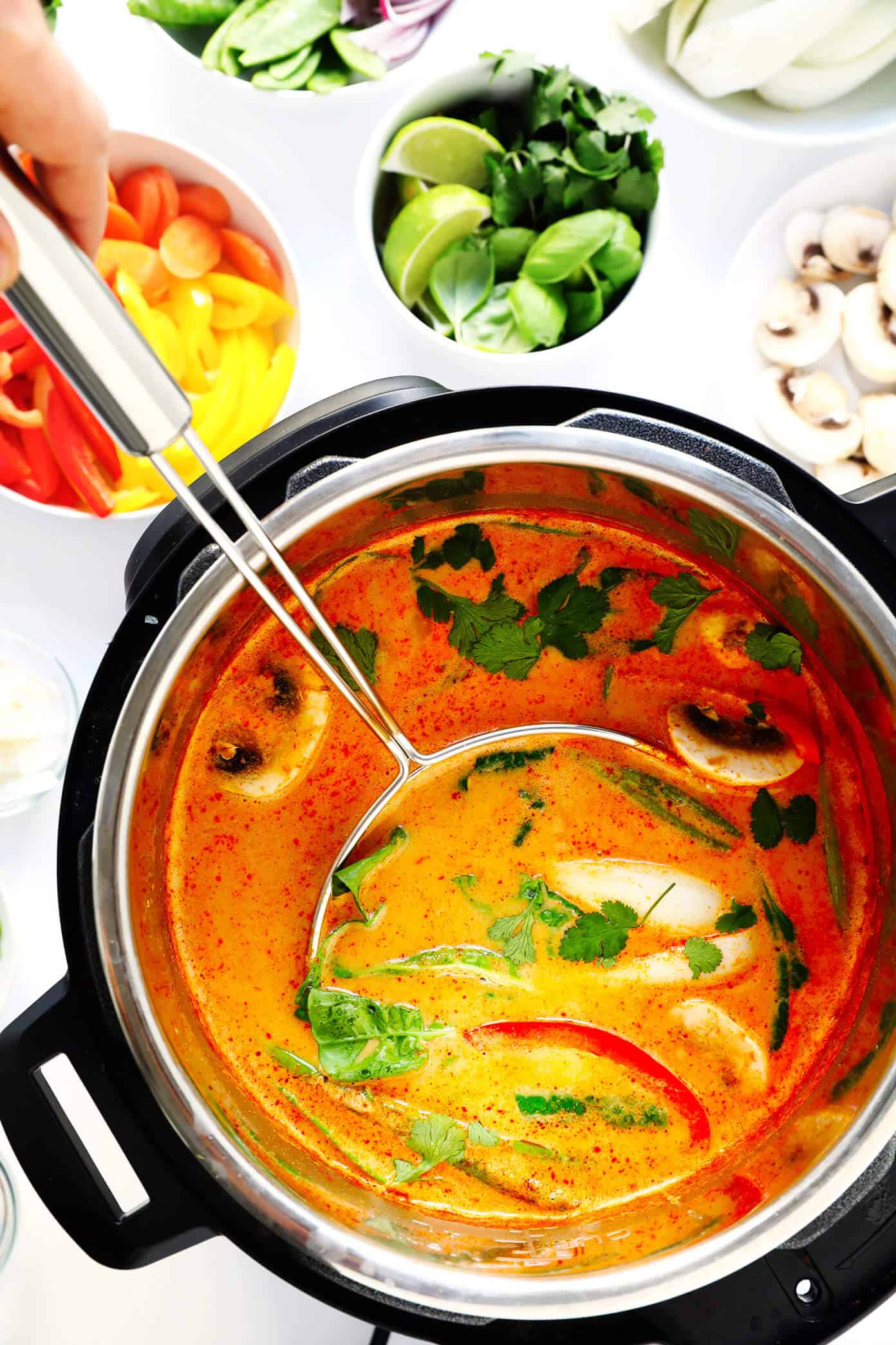 This Thai Curry Hot Pot recipe is so easy to make...and so delicious! It's naturally vegetarian, vegan and gluten-free (although you can add chicken, pork, shrimp or beef, if you'd like). It's made with tons of vegetables and a rich coconut curry broth. And it's so fun for dinner parties! | Gimme Some Oven #instantpot #coconutcurry #souprecipe #hotpot Thai Curry Hot Pot in Instant Pot