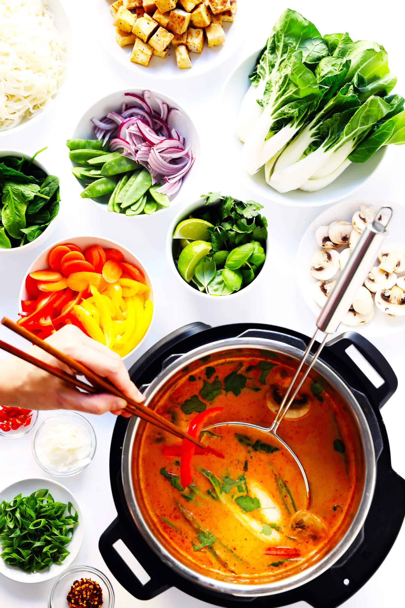 This Thai Curry Hot Pot recipe is so easy to make...and so delicious! It's naturally vegetarian, vegan and gluten-free (although you can add chicken, pork, shrimp or beef, if you'd like). It's made with tons of vegetables and a rich coconut curry broth. And it's so fun for dinner parties! | Gimme Some Oven #instantpot #coconutcurry #souprecipe #hotpot Thai Curry Hot Pot with Vegetables and Tofu in Instant Pot