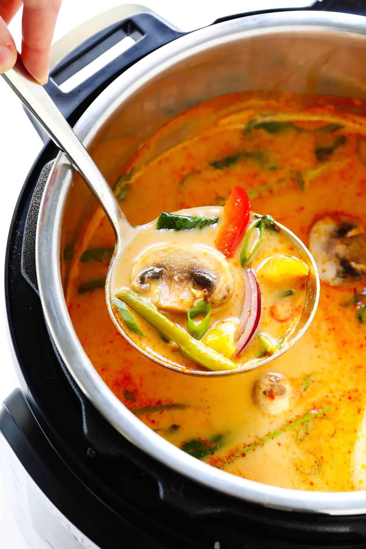 This Thai Curry Hot Pot recipe is so easy to make...and so delicious! It's naturally vegetarian, vegan and gluten-free (although you can add chicken, pork, shrimp or beef, if you'd like). It's made with tons of vegetables and a rich coconut curry broth. And it's so fun for dinner parties! | Gimme Some Oven #instantpot #coconutcurry #souprecipe #hotpot Thai Curry Hot Pot in Instant Pot