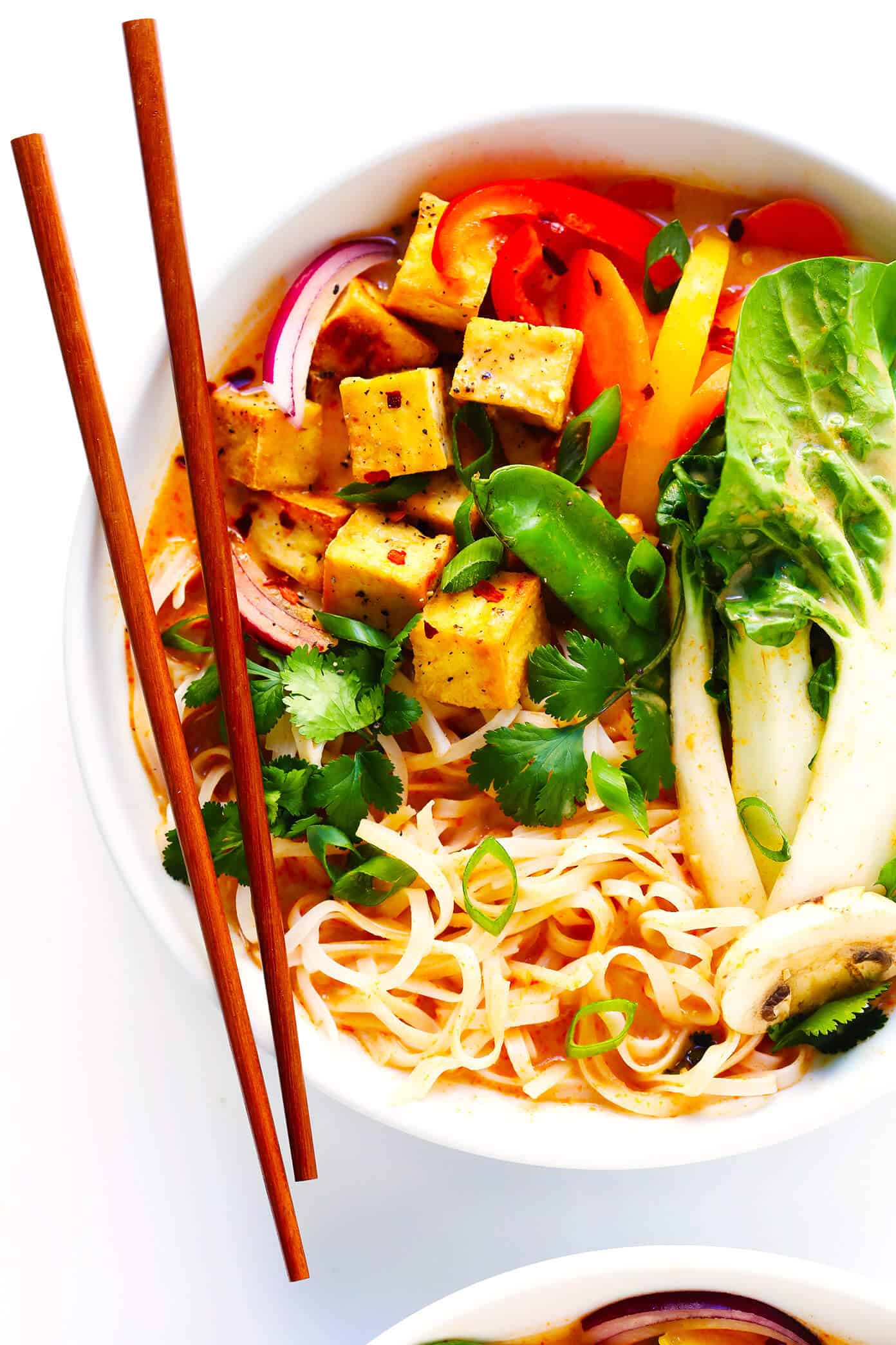 This Thai Curry Hot Pot recipe is so easy to make...and so delicious! It's naturally vegetarian, vegan and gluten-free (although you can add chicken, pork, shrimp or beef, if you'd like). It's made with tons of vegetables and a rich coconut curry broth. And it's so fun for dinner parties! | Gimme Some Oven #instantpot #coconutcurry #souprecipe #hotpot Thai Curry Hot Pot in Bowl