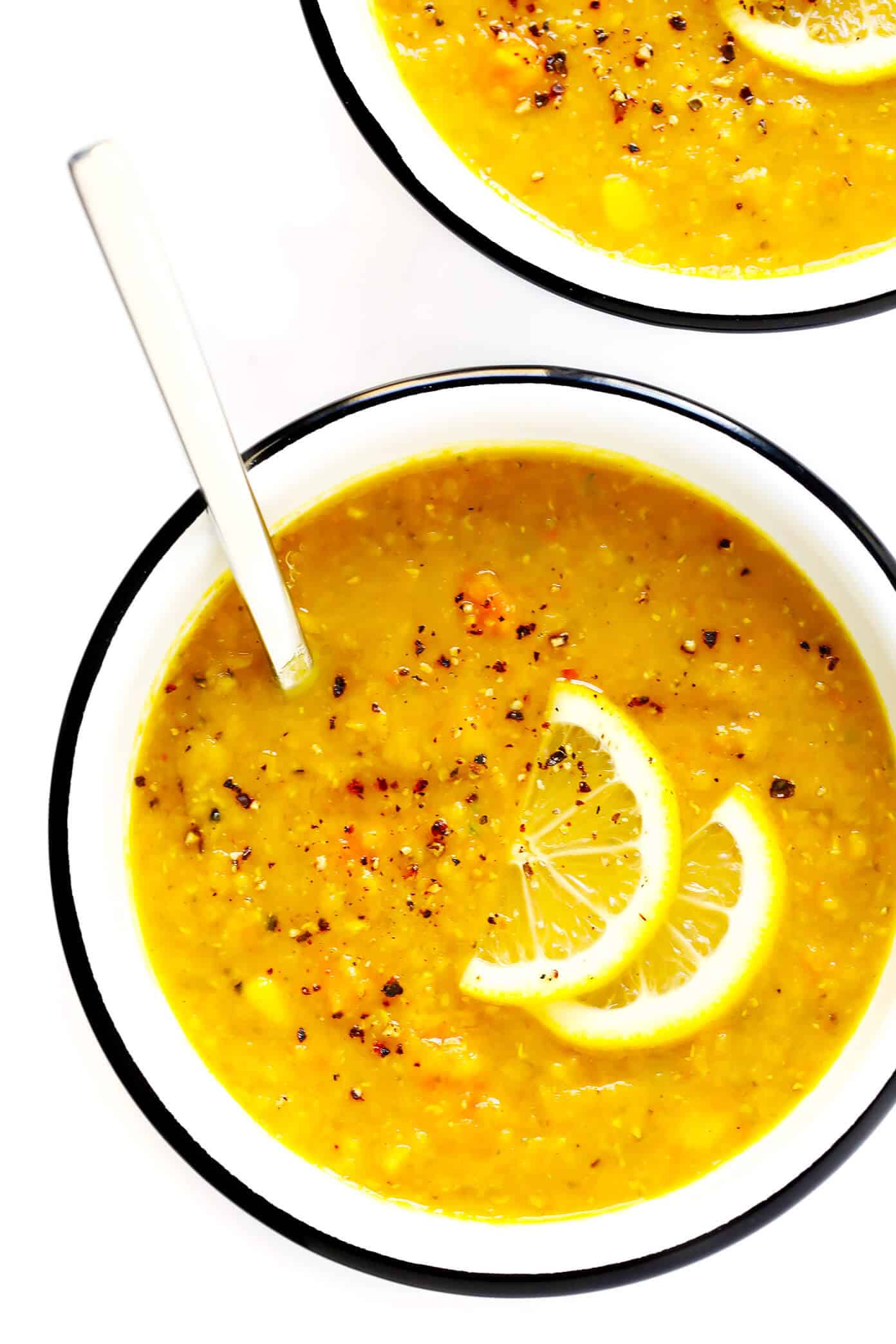 This is the BEST lentil soup recipe!! It's full of amazing lemony flavor, it's naturally healthy and vegan and gluten-free, it's quick and easy to make, and SO delicious. Instant Pot and Slow Cooker instructions included too! | Gimme Some Oven #lentil #healthy #soup #instantpot #pressurecooker #vegetarian #vegan #glutenfree #dinner The BEST Lentil Soup Recipe