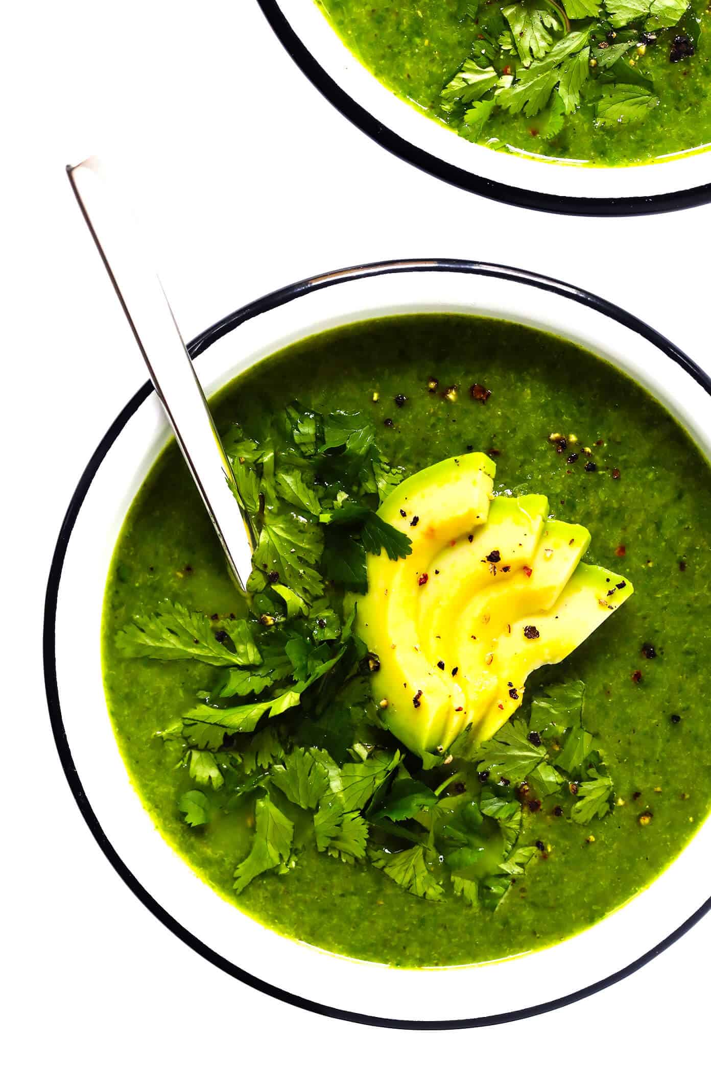 This Green Goddess Soup recipe is overflowing with feel-good veggies and greens (especially broccoli, cauliflower and spinach), it's quick and easy to make, and it tastes and feels great. Bonus? It's also naturally gluten-free and vegan. | Gimme Some Oven #greengoddess #healthyrecipes #souprecipe #broccolisoup #vegetarian Green Goddess Soup with Avocado in Bowl