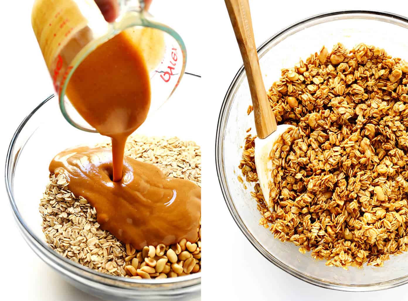 LOVE this peanut butter granola recipe! It's easy to make, naturally gluten-free, totally customize-able with your favorite add-ins (chocolate chips, coconut, etc.), and SO delicious. Perfect for an easy breakfast or healthy snack. | Gimme Some Oven #granola #peanutbutter #breakfastrecipes #healthyrecipes Peanut Butter Granola Prep