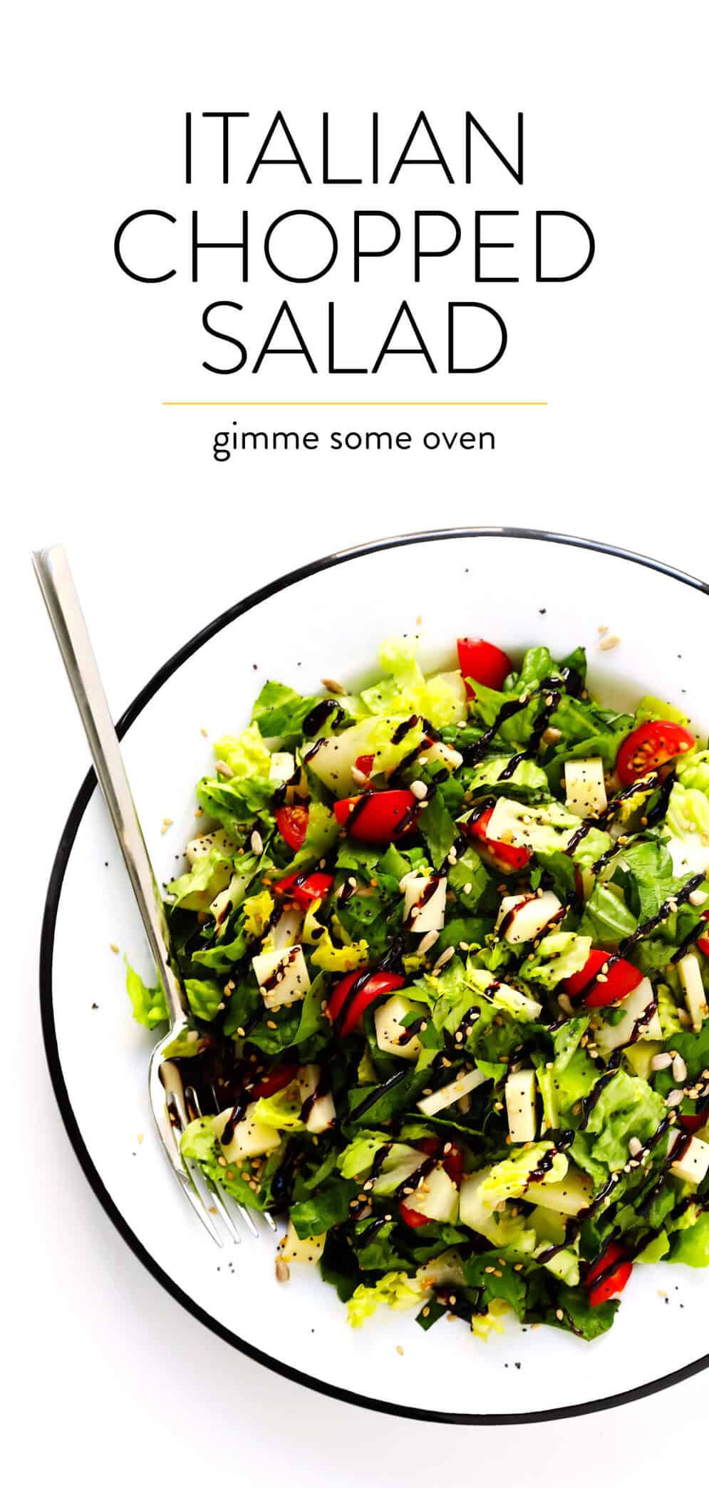 This unforgettable Italian chopped salad is made with lots of tomatoes, fresh basil, Pecorino cheese, Romaine lettuce, balsamic drizzle. And a surprise topping -- everything bagel seasoning! | Gimme Some Oven #salad #italian #choppedsalad #caprese #balsamic Italian chopped salad