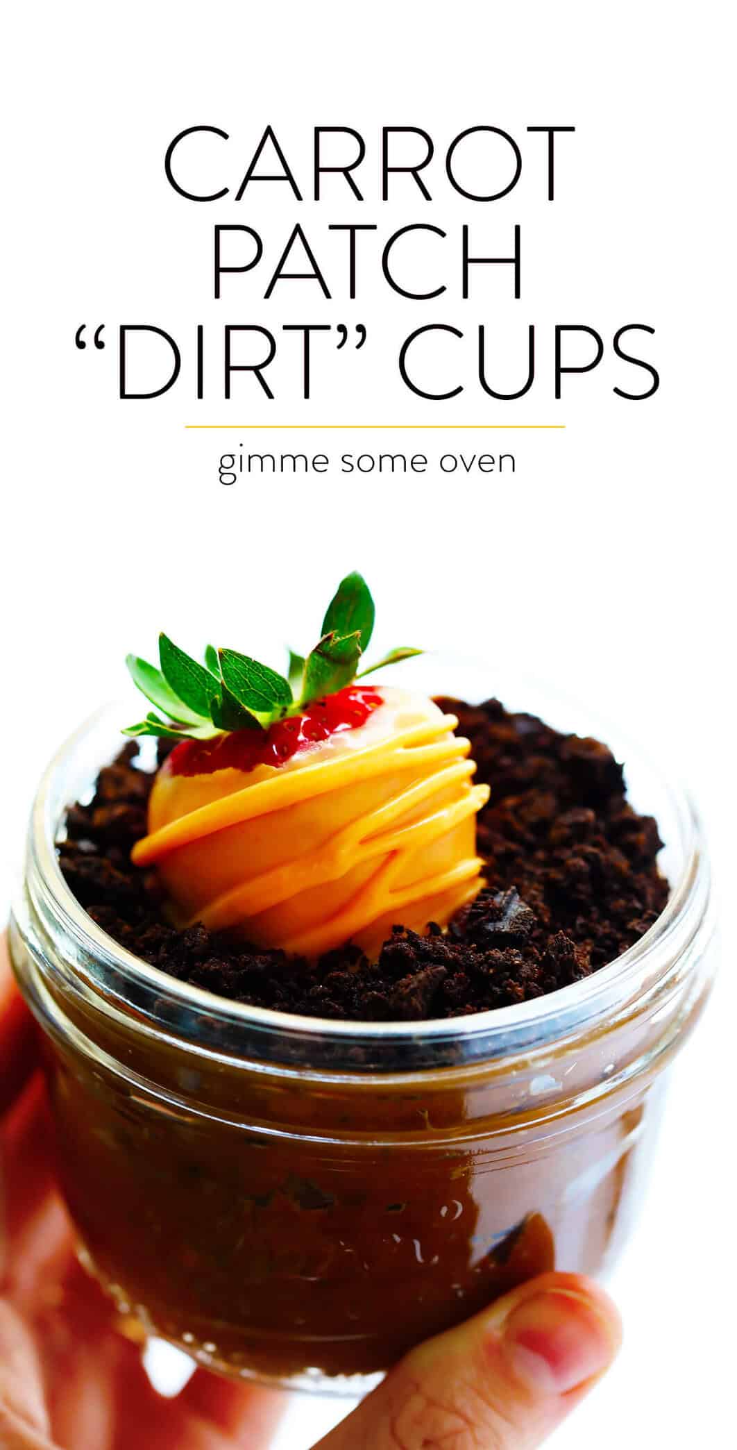 Love these Carrot Patch "Dirt" Cups! They're made with a chocolate avocado mousse pudding "dirt cake", chocolate-covered strawberry "carrots", and a sprinkling of Oreos, and they are SO delicious and fun! The perfect Spring (or Easter!) dessert that kids and adults will love alike. | Gimme Some Oven #dirtcake #easter #spring #chocolate #dessert #treats Carrot Patch Dirt Cups with Chocolate-Covered Strawberries
