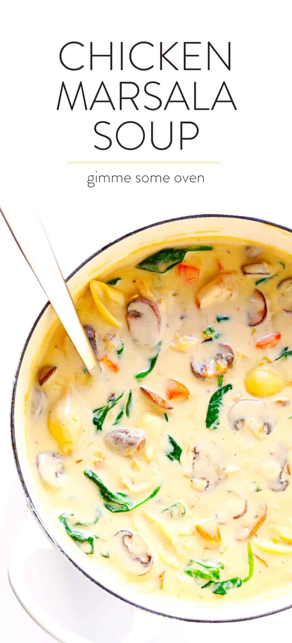 This Creamy Chicken Marsala Soup recipe is the BEST. It's made with pasta, mushrooms, carrots, and spinach...all simmered together in the most delicious creamy, garlicky, wine-infused broth. Top with Parmesan and lemon for a delicious, comforting dinner. | Gimme Some Oven #chickenmarsala #chickensoup #souprecipes #dinnerrecipes #comfortfood Creamy Chicken Marsala Soup