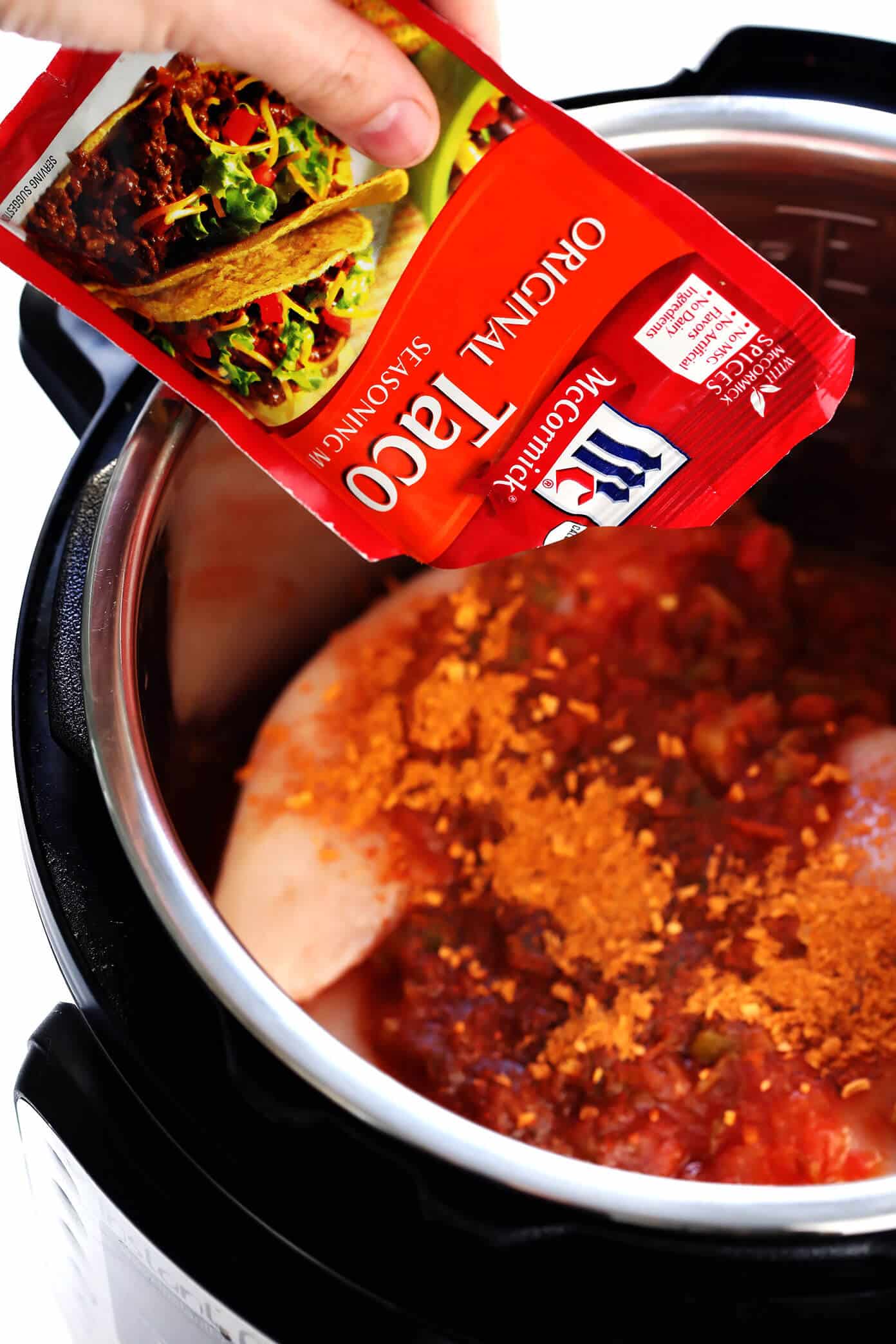 This 3-Ingredient Mexican Shredded Chicken recipe is full of great flavor, easy to make in the Instant Pot or Crock-Pot, and perfect for tacos, burritos, quesadillas, salads and more! | Gimme Some Oven #mexican #chicken #instantpot #crockpot #shredded #dinner #tacos McCormick Taco Seasoning for Shredded Chicken