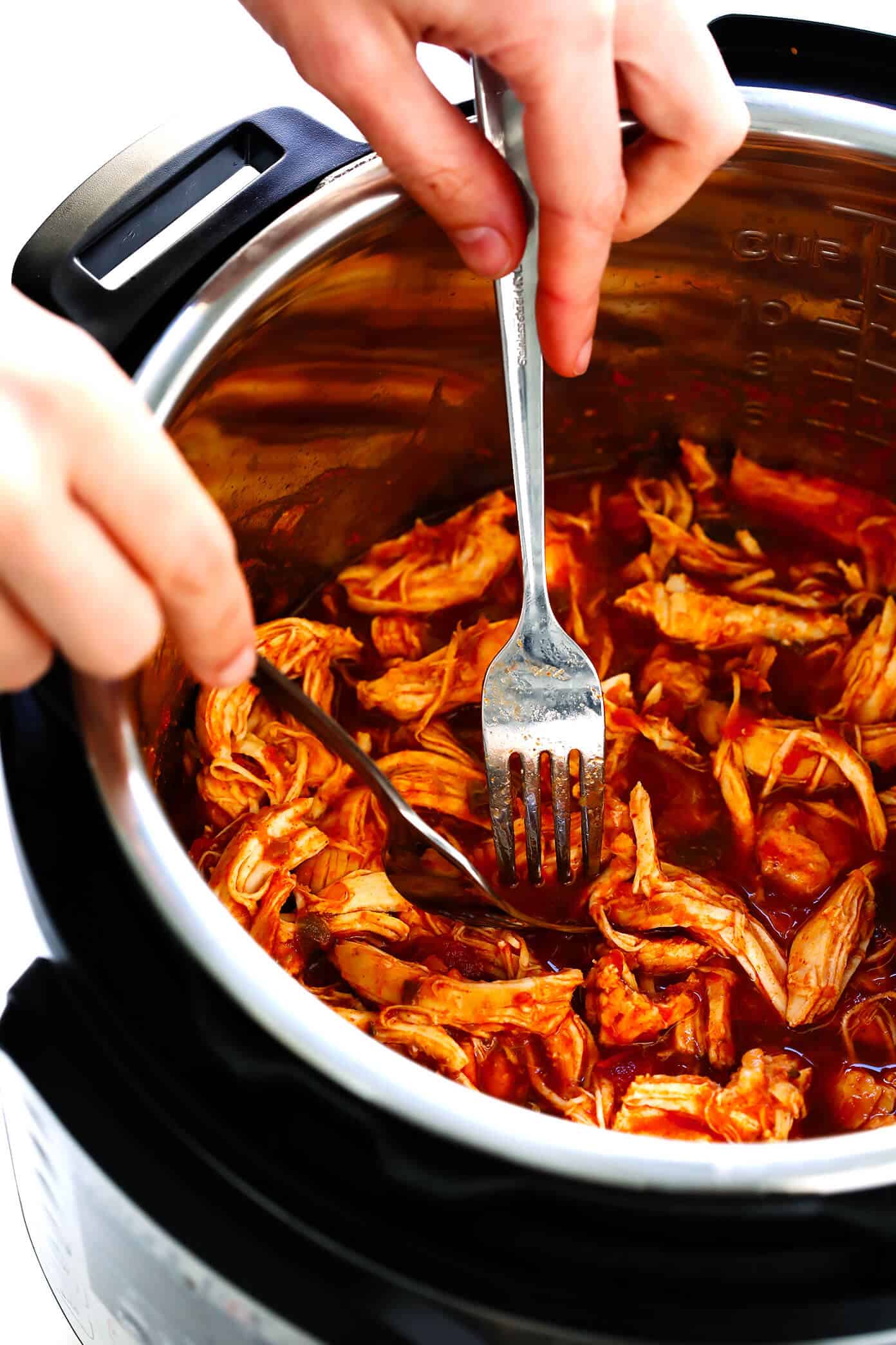 This 3-Ingredient Mexican Shredded Chicken recipe is full of great flavor, easy to make in the Instant Pot or Crock-Pot, and perfect for tacos, burritos, quesadillas, salads and more! | Gimme Some Oven #mexican #chicken #instantpot #crockpot #shredded #dinner #tacos Instant Pot Mexican Shredded Chicken