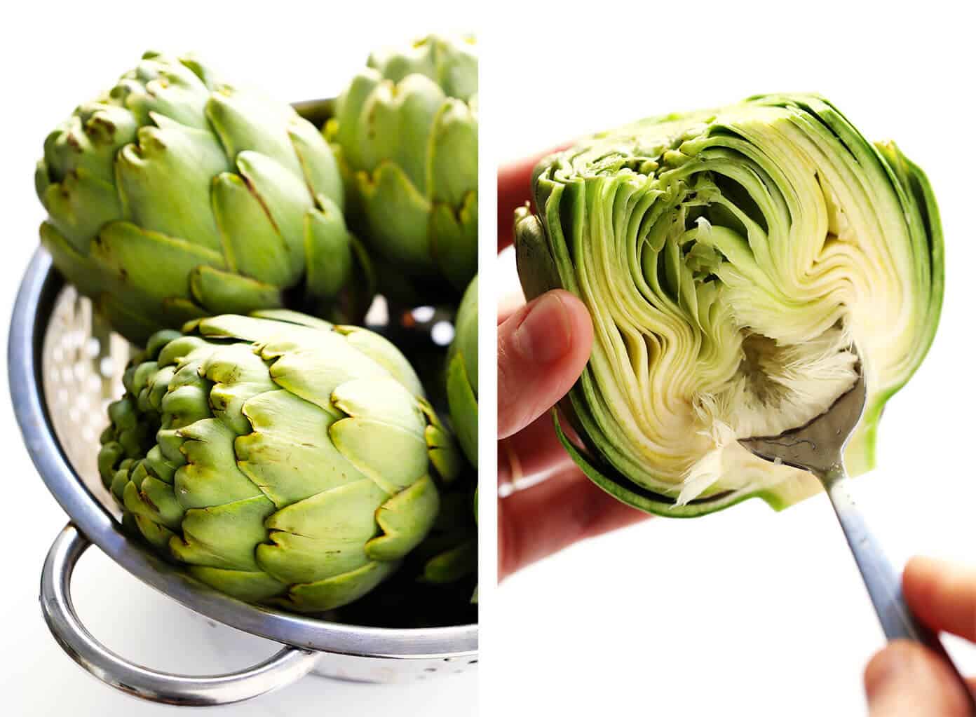 Seriously the most amazing roasted artichokes recipe! They're stuffed with lots of garlic and herbs, seasoned with lots of lemon and black pepper, and roasted to crispy, tender perfection. The perfect vegetable side dish! | Gimme Some Oven #artichokes #roasted #sidedish #vegetable #glutenfree #vegan How To Select and Cut Artichokes