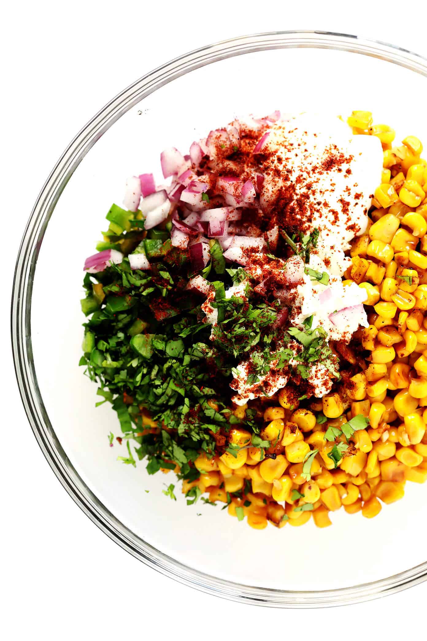 LOVE this Elote Dip recipe! It's quick and easy to make in about 15 minutes, naturally gluten-free, and full of all of those classic Mexican street corn ingredients we all love! And it can double as a salsa or topping for your tacos. | Gimme Some Oven #elote #mexican #corn #dip #salsa #appetizer Elote (Mexican Street Corn) Dip Ingredients