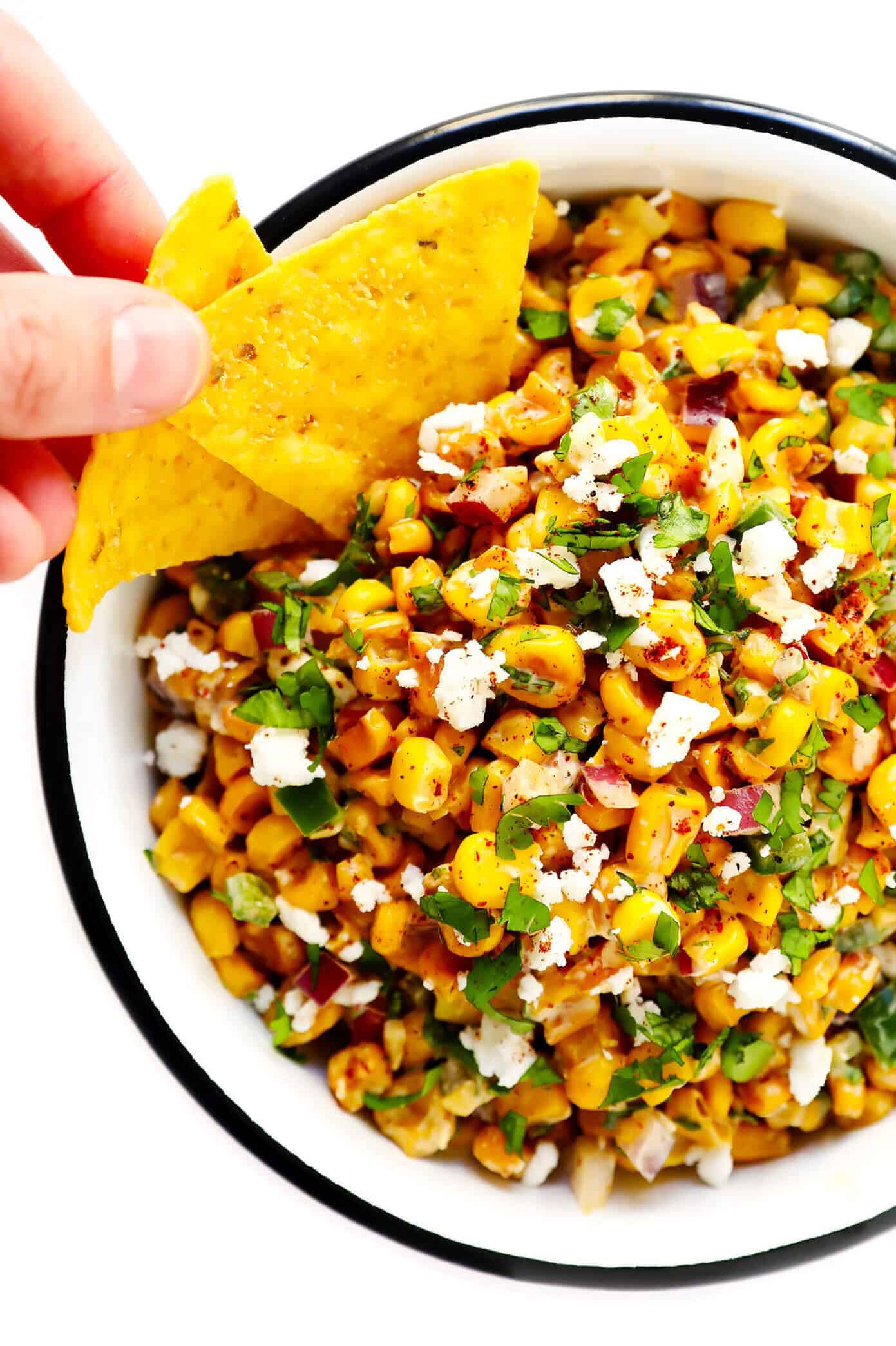 LOVE this Elote Dip recipe! It's quick and easy to make in about 15 minutes, naturally gluten-free, and full of all of those classic Mexican street corn ingredients we all love! And it can double as a salsa or topping for your tacos. | Gimme Some Oven #elote #mexican #corn #dip #salsa #appetizer Mexican Street Corn Dip Recipe (Elote Dip)