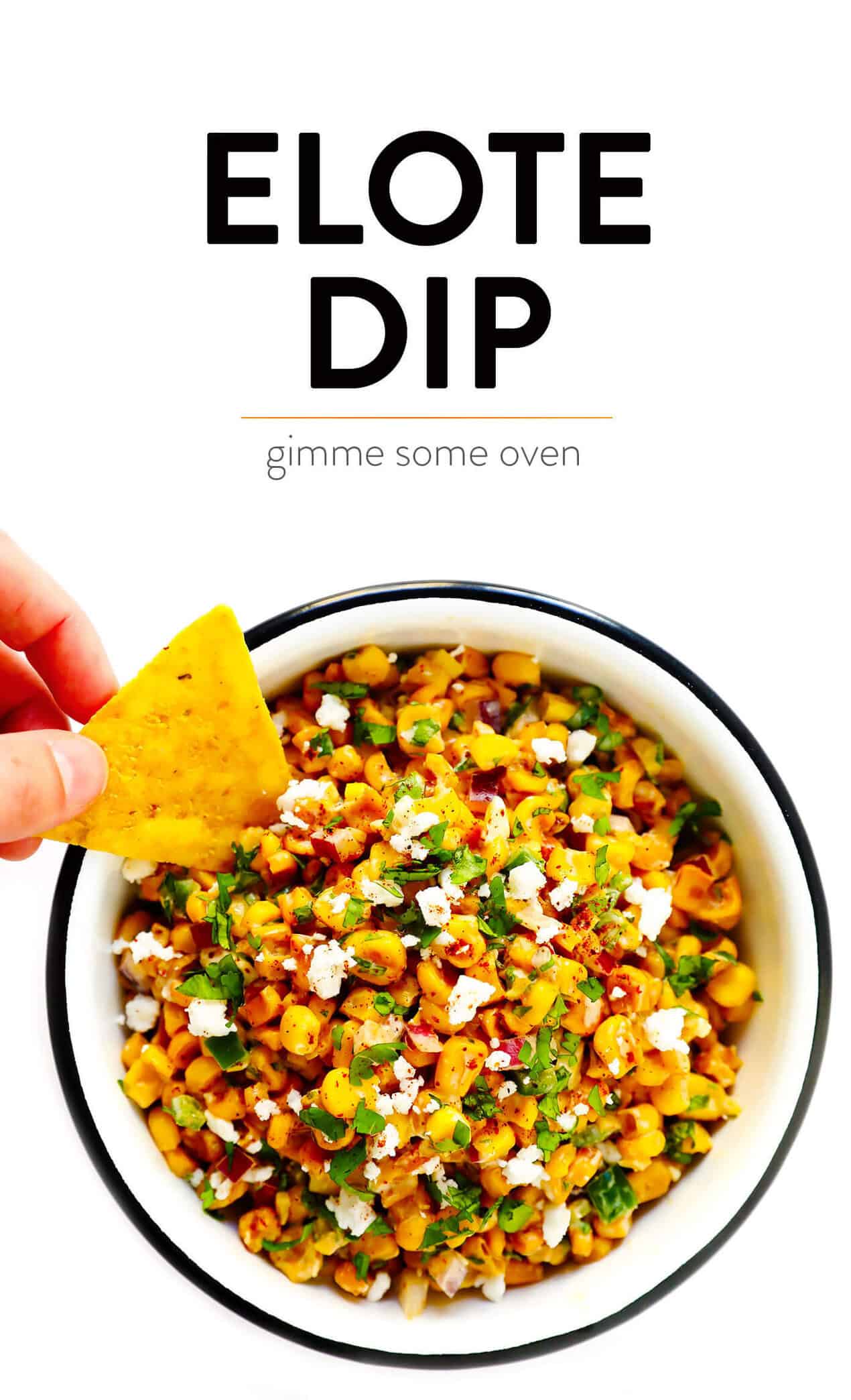LOVE this Elote Dip recipe! It's quick and easy to make in about 15 minutes, naturally gluten-free, and full of all of those classic Mexican street corn ingredients we all love! And it can double as a salsa or topping for your tacos. | Gimme Some Oven #elote #mexican #corn #dip #salsa #appetizer Mexican Street Corn Elote Dip Recipe