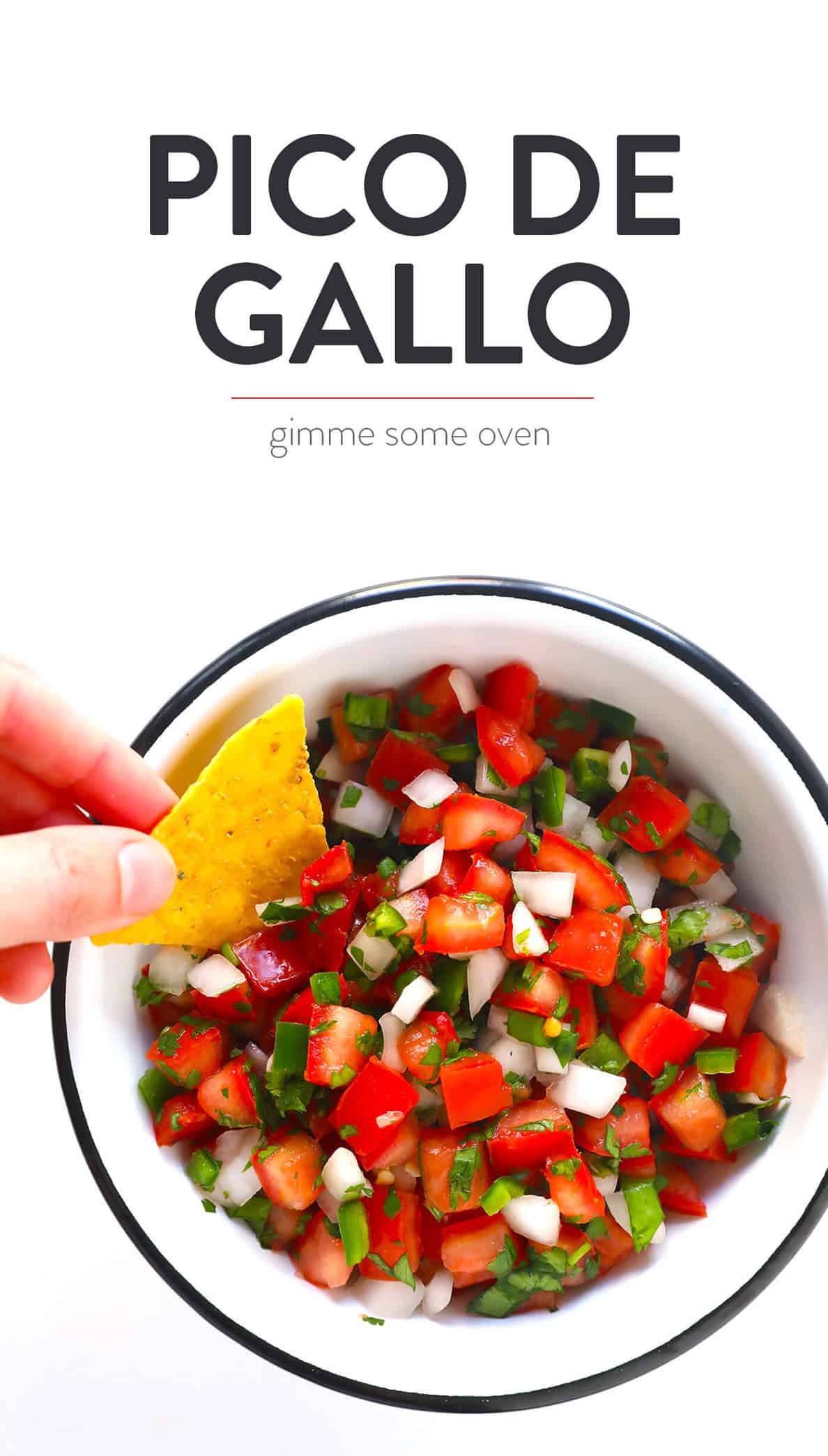 The BEST Pico de Gallo recipe! It's easy to make in 10 minutes with just 7 ingredients, it's perfect for topping all of your favorite Mexican dishes, or eating simply as salsa with chips. It's also naturally gluten-free and vegan, and perfect for Cinco de Mayo. | Gimme Some Oven #picodegallo #mexican #salsa #glutenfree #appetizer #vegan How To Make Pico De Gallo