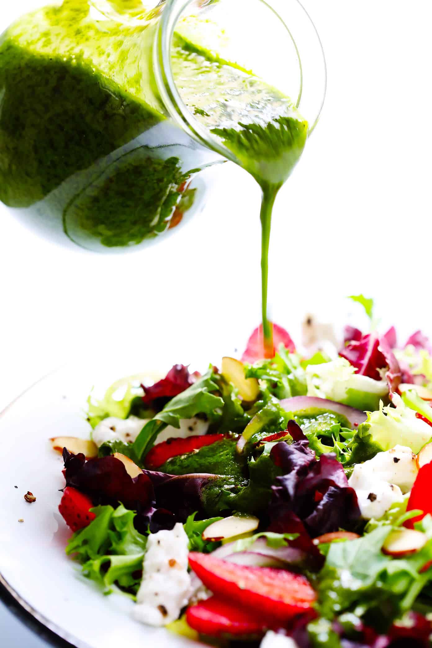 LOVE this Basil Vinaigrette recipe! It's quick and easy to make, and perfect drizzled on a salad, soup, pizza, roasted vegetables, grilled chicken...and so much more. | Gimme Some Oven #vinaigrette #saladdressing #basil #dinner #healthy Strawberry Burrata Salad with Basil Vinaigrette