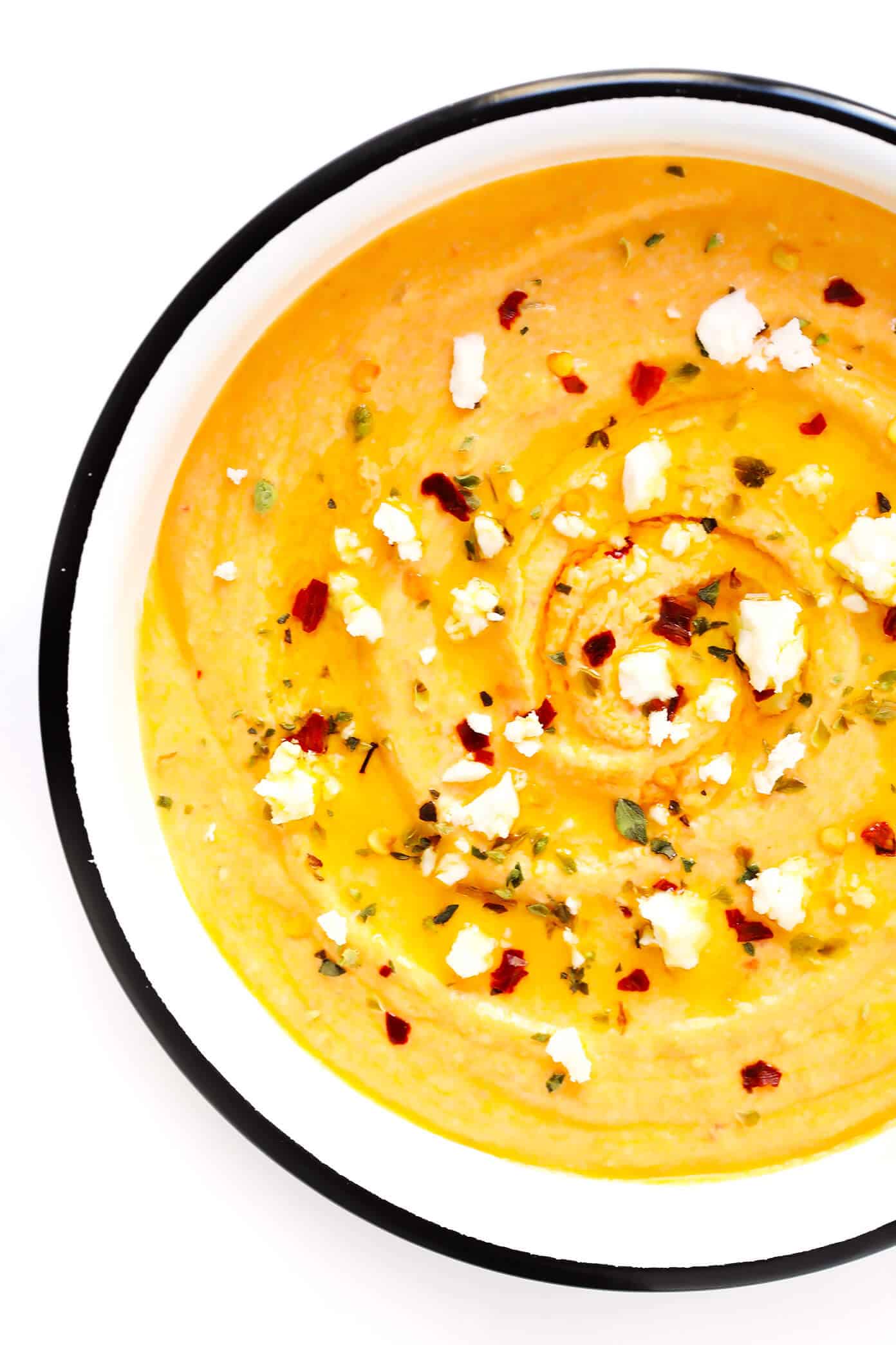LOVE this Spicy Greek Feta Dip (Tirokafteri)! It's made with creamy feta cheese, roasted red peppers and garlic, and it's the perfect appetizer or snack. Serve it with bread, veggies, or whatever sounds good. | Gimme Some Oven #cheese #dip #appetizer #greek #spicy Spicy Greek Feta Dip (Tirokafteri)