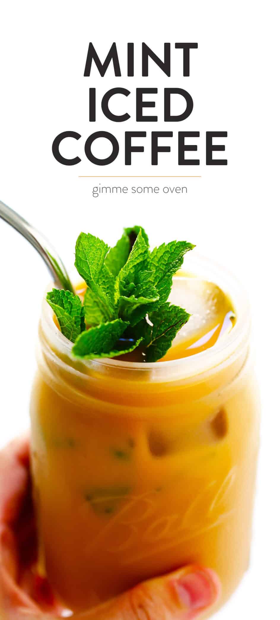 This Mint Mojito Iced Coffee is a TOTAL game-changer. It's easy to make with regular brewed filter coffee, lots of fresh milk, a hint of cream (or coconut milk), your choice of sweetener...and it tastes unbelievably refreshing and delicious! It's the perfect summer drink! | Gimme Some Oven #coffee #icedcoffee #drink #mint The most delicious Mint Iced Coffee recipe!