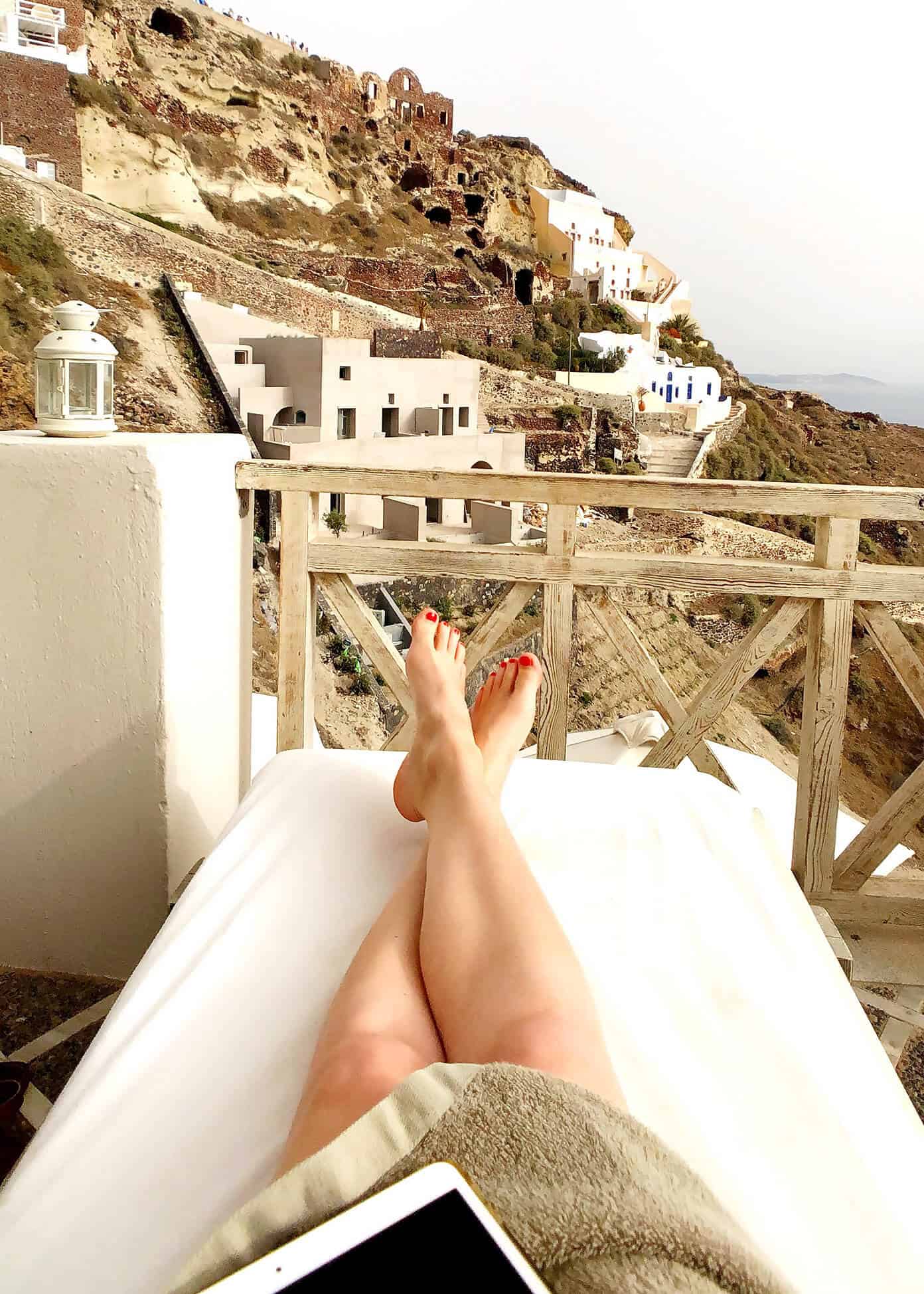 The Gimme Some Oven travel guide for restaurants to eat, hotels to stay and places to visit in Santorini, Greece. | Gimme Some Oven #santorini #greece #travel #traveltips #europe #vacation #islands #hotel #restaurant Swimming Pool Views at Oia Mare Villas in Santorini Greece