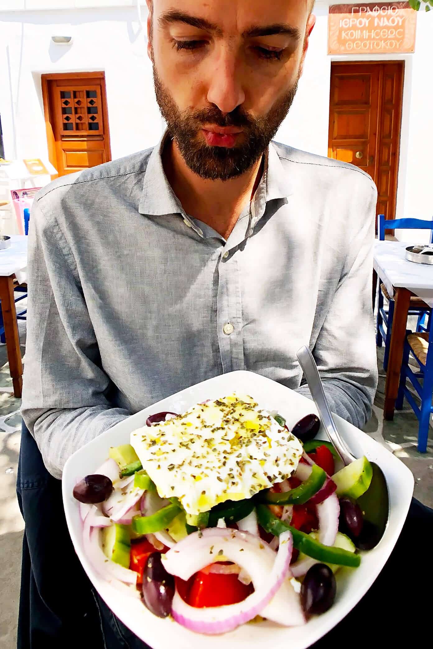 The Gimme Some Oven travel guide for restaurants to eat, hotels to stay and places to visit in Santorini, Greece. | Gimme Some Oven #santorini #greece #travel #traveltips #europe #vacation #islands #hotel #restaurant Greek Salad at Souvlaki Club in Folegandros, Greece