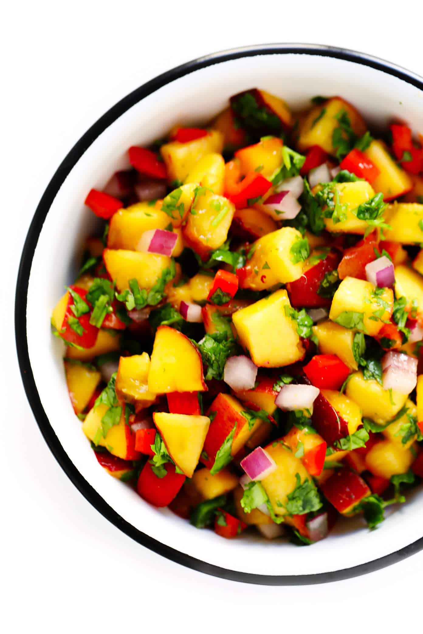 This Baked Ginger Chicken recipe is perfectly cooked and full of great flavor, then topped with a sprinkling of confetti fresh peach salsa. It's the perfect sweet and savory summer dinner recipe! | Gimme Some Oven Fresh Peach Salsa Recipe