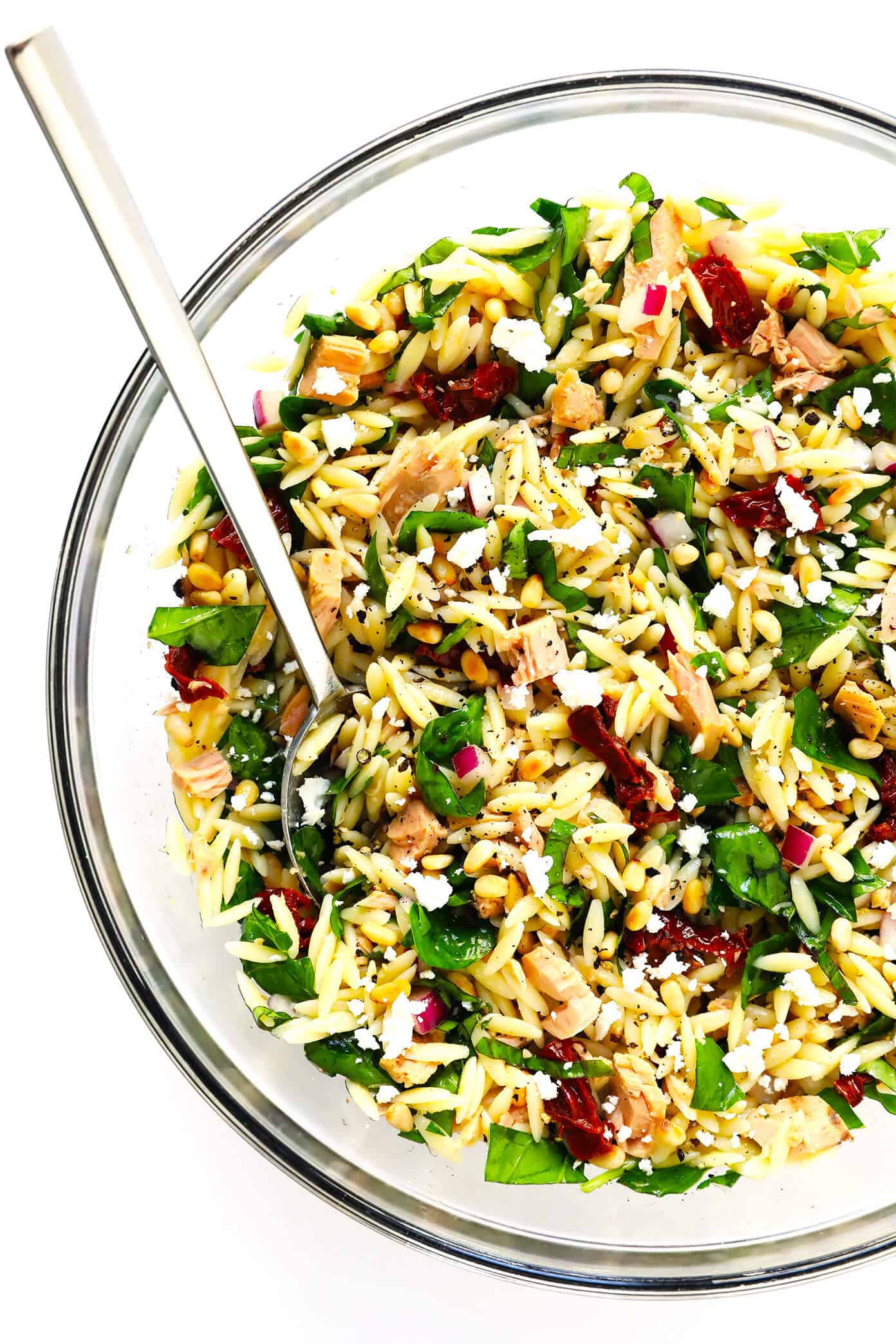 LOVE this Italian Orzo Tuna Salad -- made with chilled pasta, sun-dried tomatoes, pine nuts, feta cheese, basil, and a delicious lemon dressing. It's the perfect make ahead recipe for easy lunch or dinner or potlucks! | Gimme Some Oven The Best Italian Tuna Salad Recipe