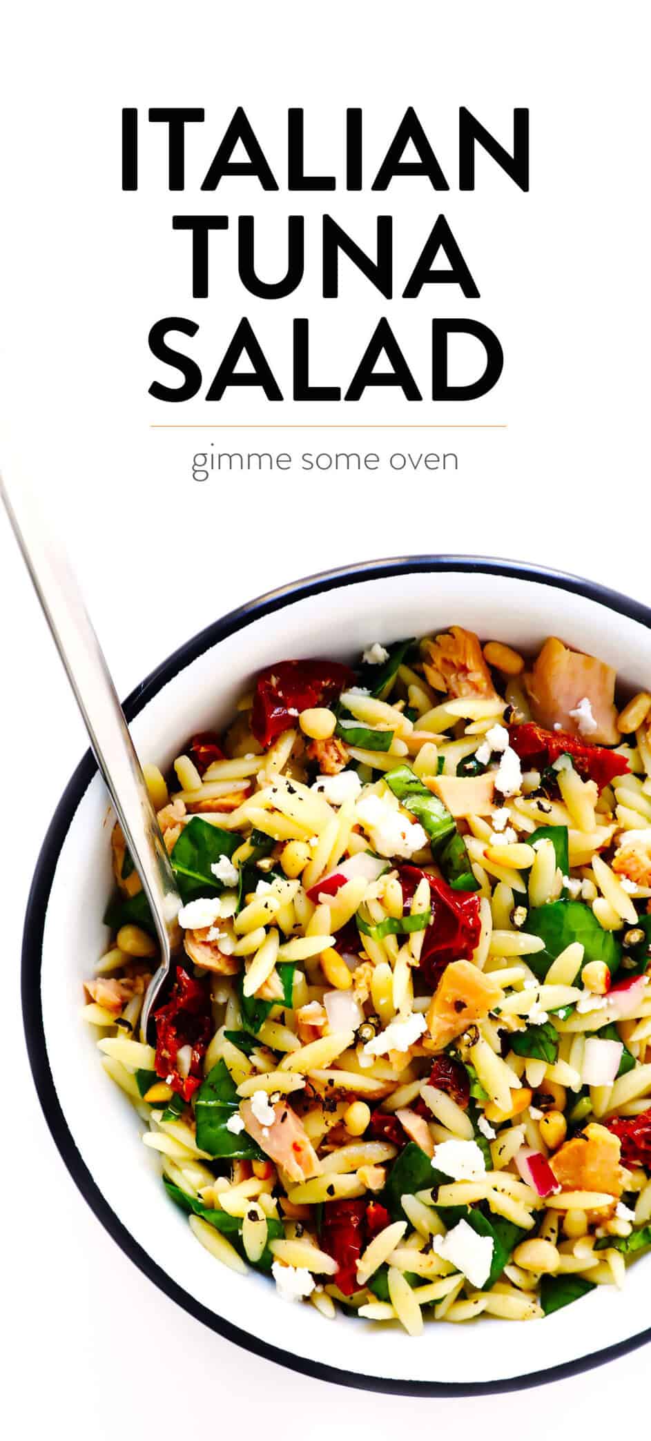 LOVE this Italian Orzo Tuna Salad -- made with chilled pasta, sun-dried tomatoes, pine nuts, feta cheese, basil, and a delicious lemon dressing. It's the perfect make ahead recipe for easy lunch or dinner or potlucks! | Gimme Some Oven Italian Pasta Salad Recipe with Tuna