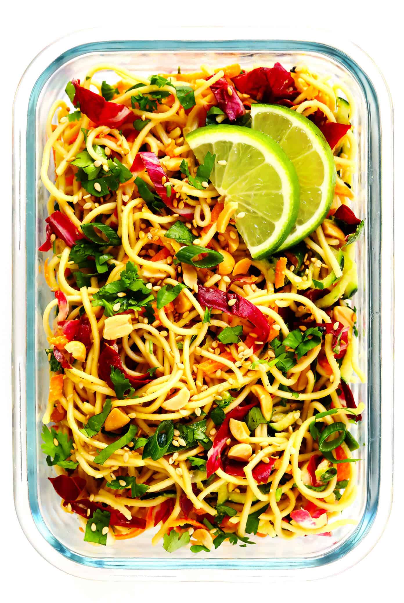 This Cold Sesame Peanut Noodles recipe is downright irresistible! It's made with the BEST peanut sauce recipe, it's easy to customize with your favorite noodles, veggies and proteins (chicken, beef, pork, shrimp or tofu would be great additions), and it's perfect for meal prep or served as an easy dinner recipe. | Gimme Some Oven #mealprep #dinner #noodles #peanutsauce #recipe Cold Sesame Peanut Noodles Recipe Meal Prep Container