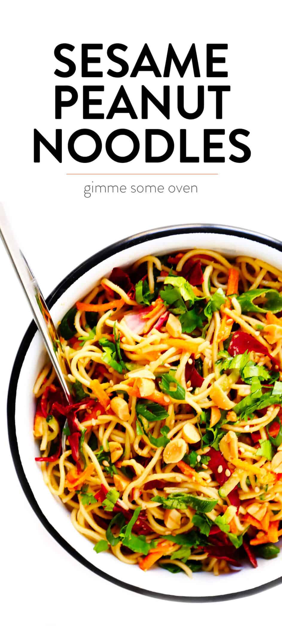 This Cold Sesame Peanut Noodles recipe is downright irresistible! It's made with the BEST peanut sauce recipe, it's easy to customize with your favorite noodles, veggies and proteins (chicken, beef, pork, shrimp or tofu would be great additions), and it's perfect for meal prep or served as an easy dinner recipe. | Gimme Some Oven The Most Delicious Cold Sesame Peanut Noodles Recipe