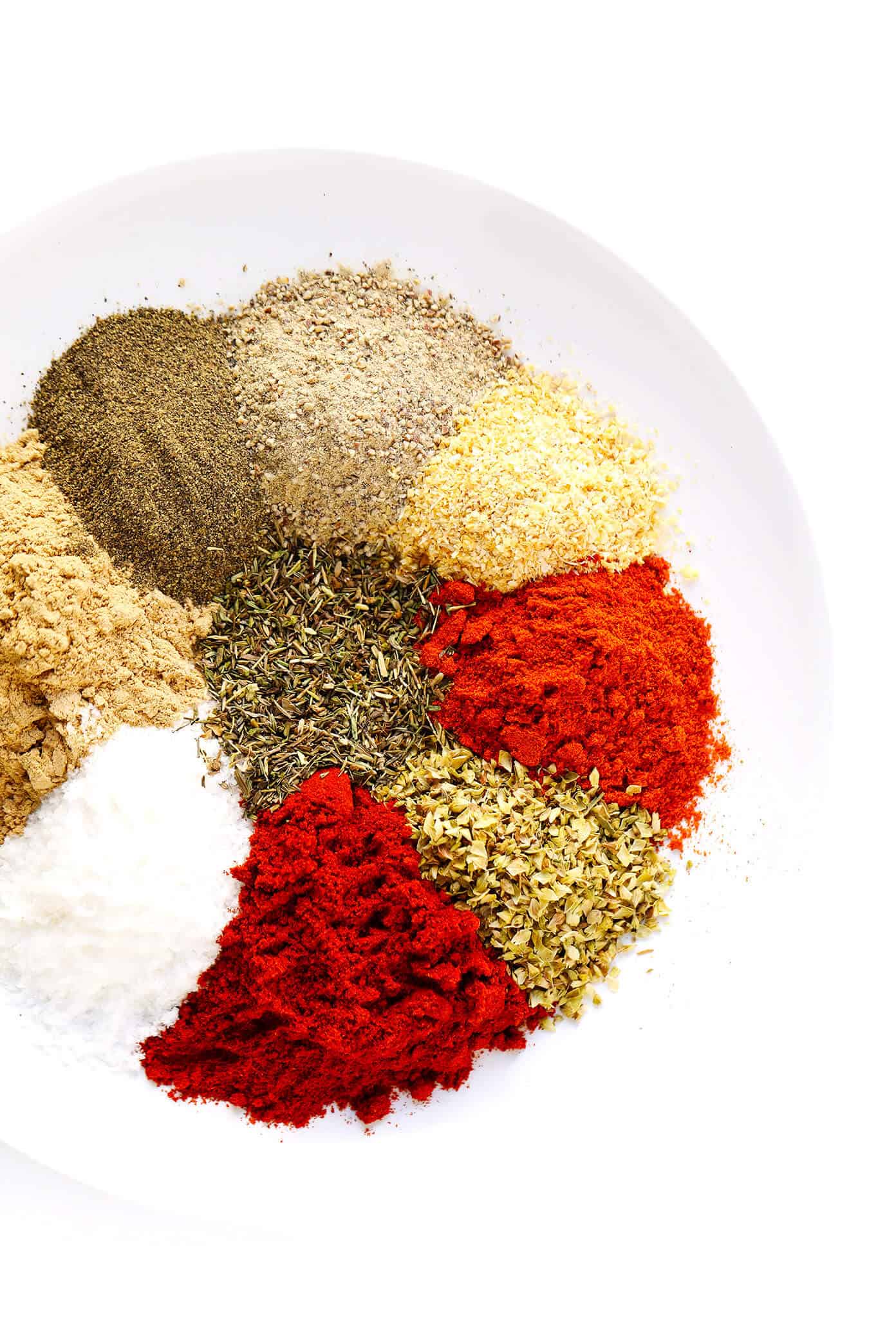 The best homemade Cajun Seasoning recipe! It only takes about 5 minutes to make, and tastes great on everything from chicken to shrimp, veggies to tofu, every kind of potato and more. Use it in a soup, stir-fry, pasta, kabob, dip, crackers, sheet pan dinner - you name it! It's the bold, zesty, spicy blend that kicks any dish up a delicious notch. | Gimme Some Oven #cajun #seasoning #spice #blend #spicy #glutenfree #homemade Cajun Seasoning Ingredients