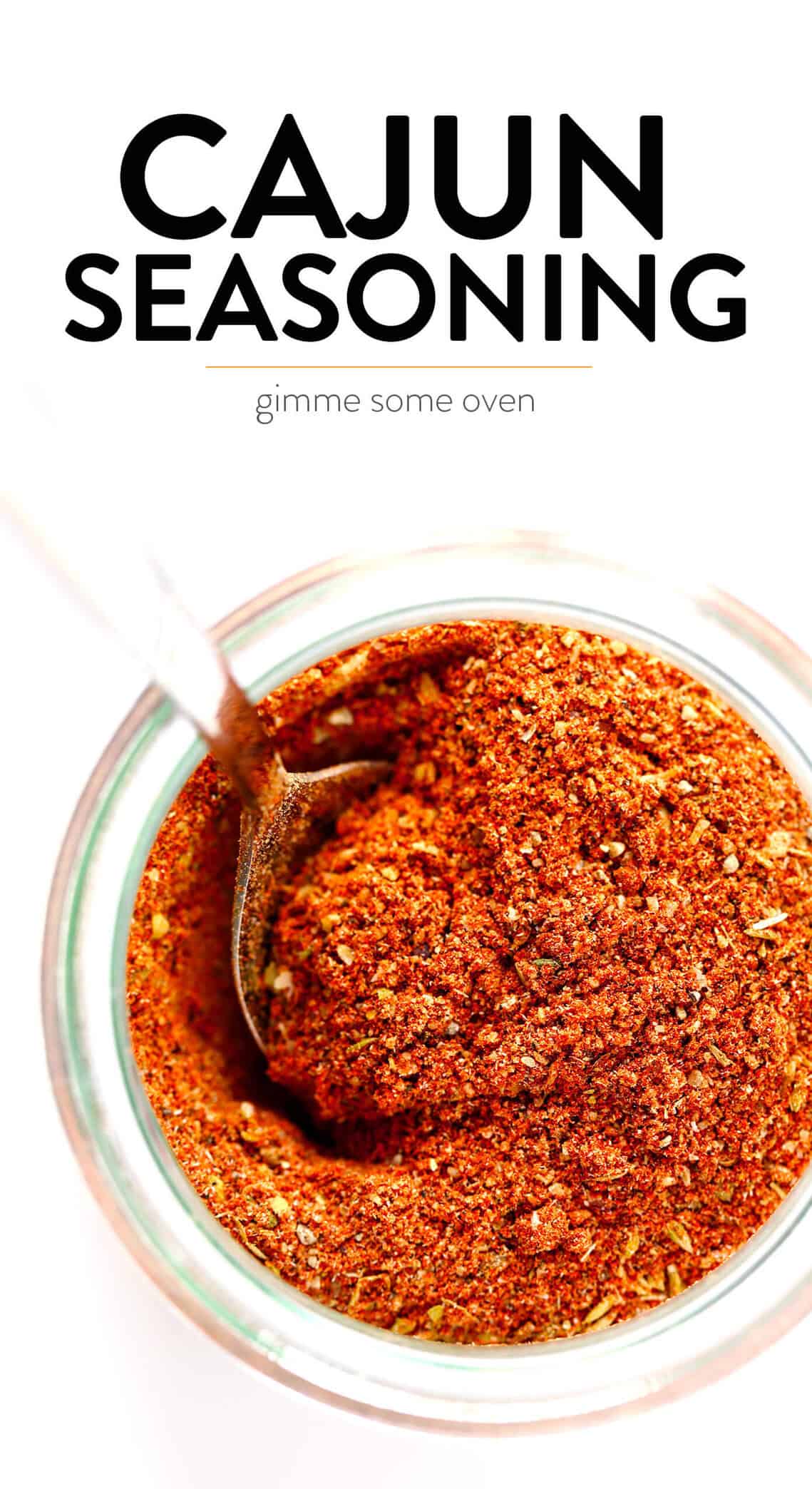 The best homemade Cajun Seasoning recipe! It only takes about 5 minutes to make, and tastes great on everything from chicken to shrimp, veggies to tofu, every kind of potato and more. Use it in a soup, stir-fry, pasta, kabob, dip, crackers, sheet pan dinner - you name it! It's the bold, zesty, spicy blend that kicks any dish up a delicious notch. | Gimme Some Oven #cajun #seasoning #spice #blend #spicy #glutenfree #homemade How to make the BEST Cajun seasoning!